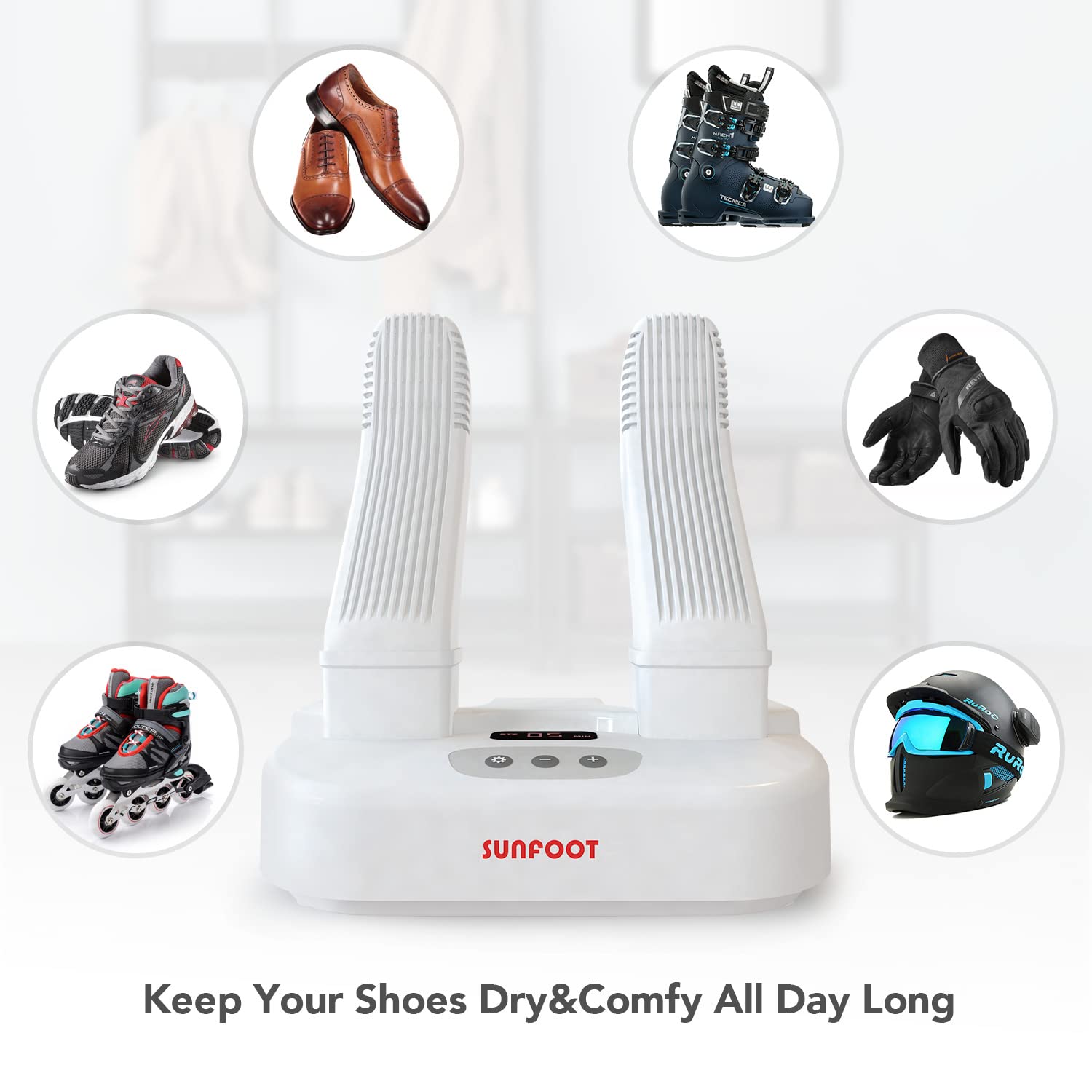 SUNFOOT Boot Dryer & Shoe Dryer - Fast Drying Gear for Work Boots, Ski Boots, Motorcycle Helmets, Gloves & Hats - Adjustable Timer & Rack with Heat Blower - Perfect for Winter Sports, Outdoor Work & Motorcycle Riding (White)