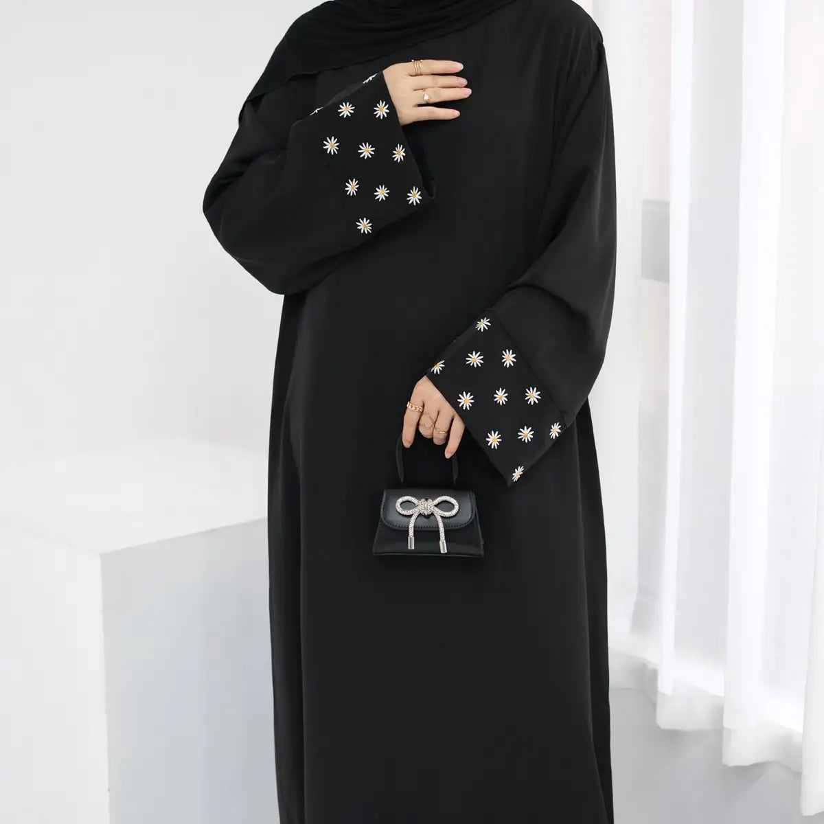 Elegant Daisy Embroidery Nida Abaya Dress for Women - Modest Islamic Fashion for Prayer, Eid, and Special Occasions