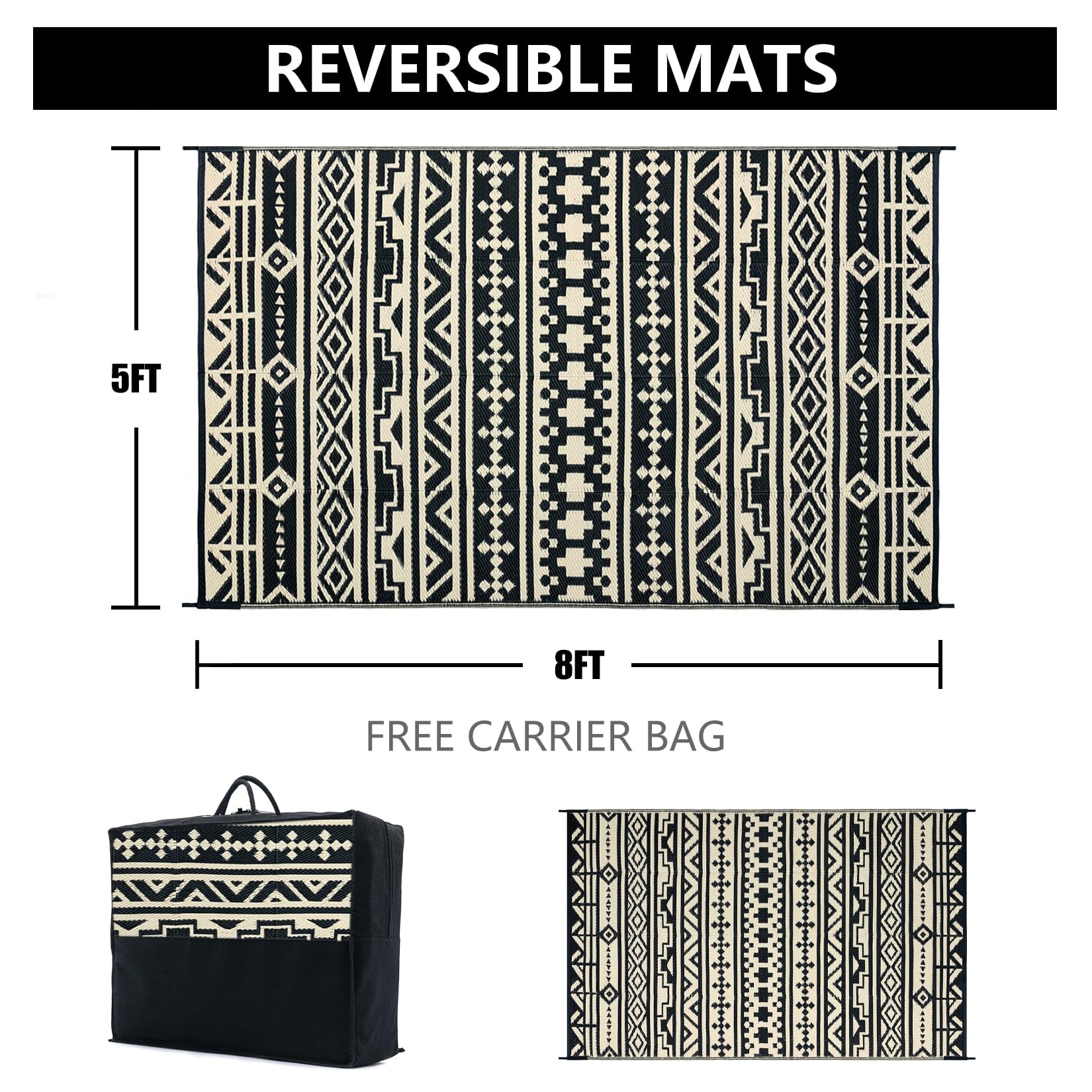 Waterproof Reversible Outdoor Plastic Straw Rug 5x8ft - Geometric Boho Black & Brown - Perfect for Patio, Camping, Balcony, RV, Picnic & Beach - Durable All-Weather Area Rug for Outdoor Decor