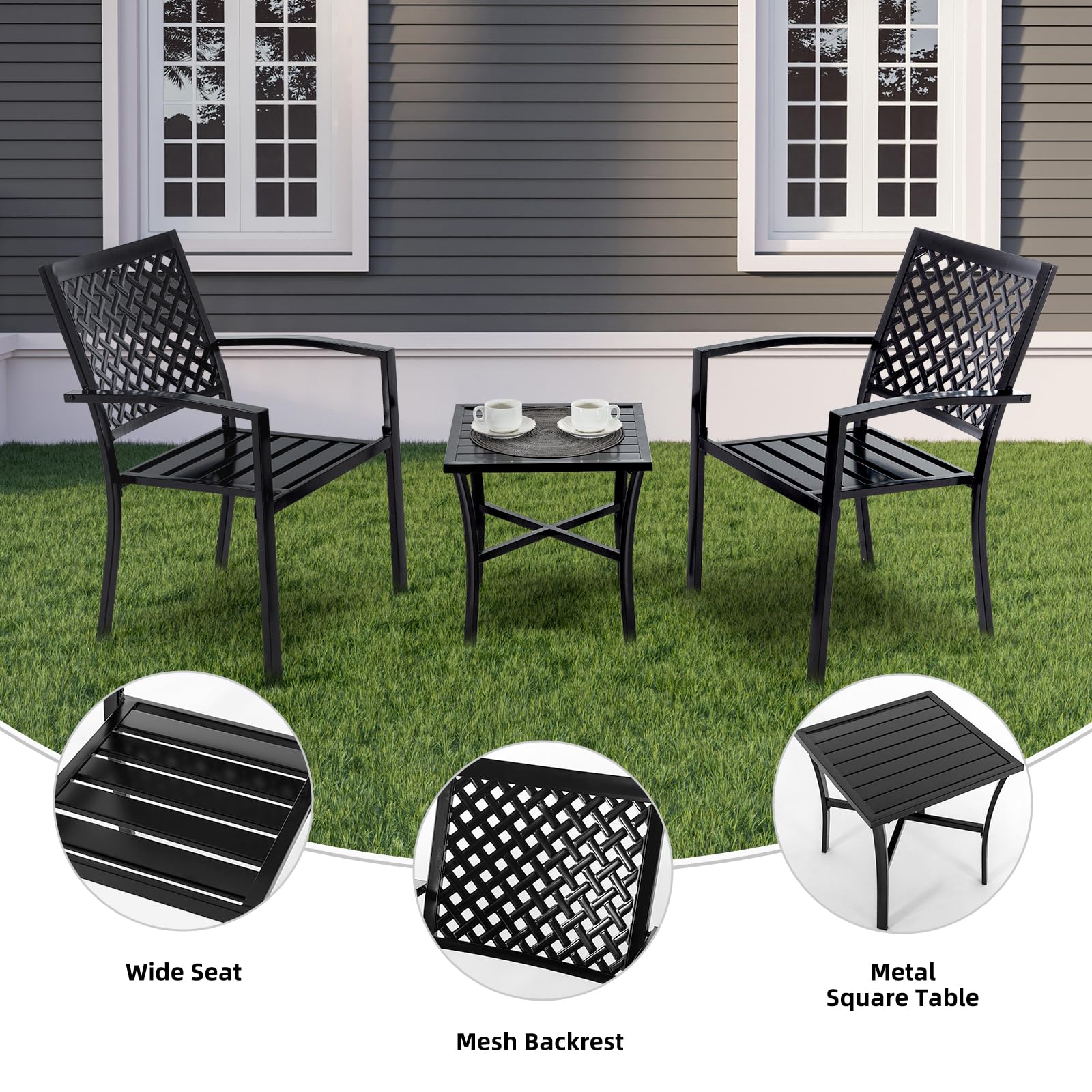 3-Piece Outdoor Patio Dining Set - Durable Cast Iron Square Table with 2 Stackable Chairs, Weather-Resistant Bistro Set for Balcony, Porch, Garden, Backyard (Black) | Perfect for Small Space Entertaining & Al Fresco Dining