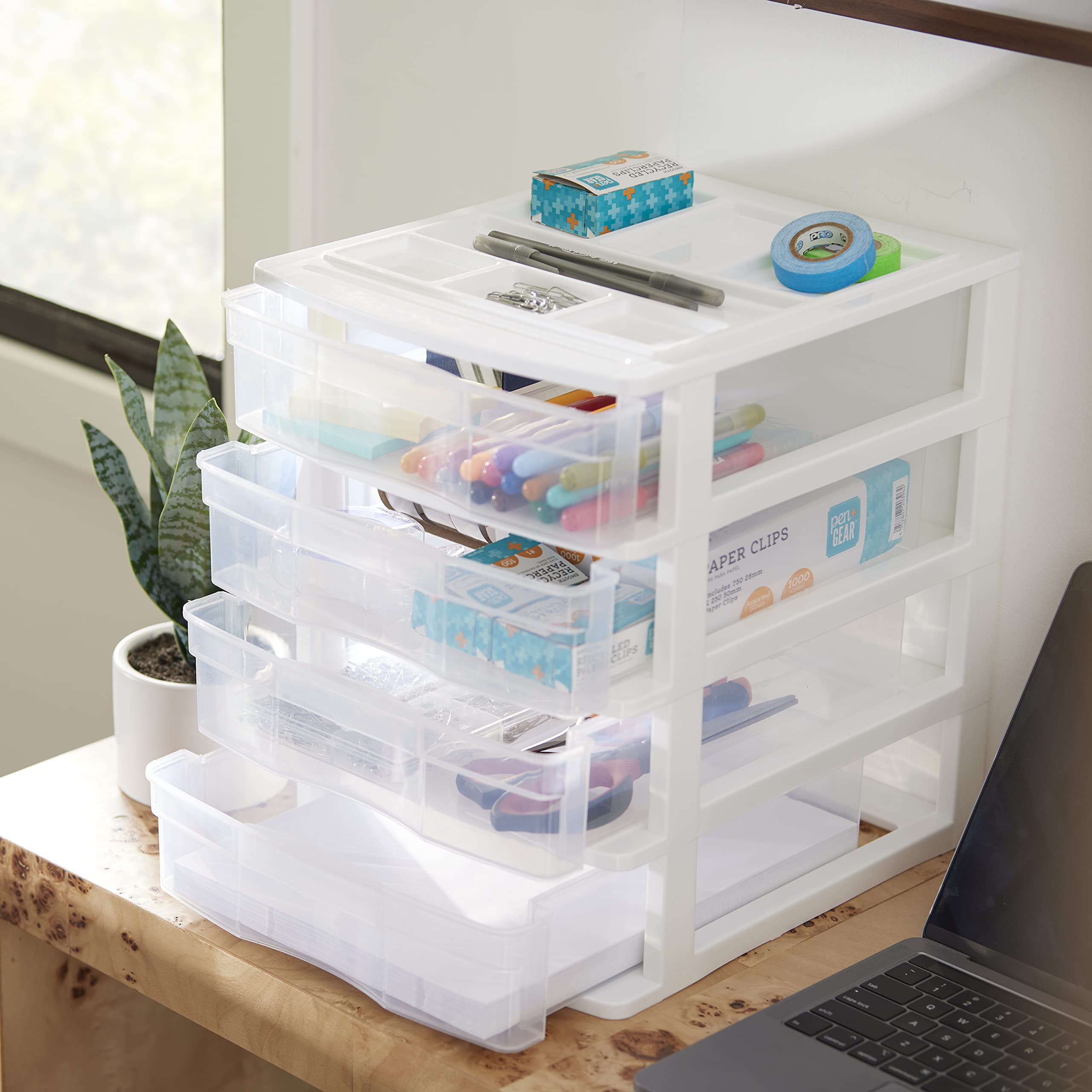 Gracious Living 4-Drawer Desktop Organizer with Lid - White/Clear Storage Box for Crafts, Office & School Supplies (3-Pack) - Perfect for Craft Rooms, Home Offices & Classroom Organization