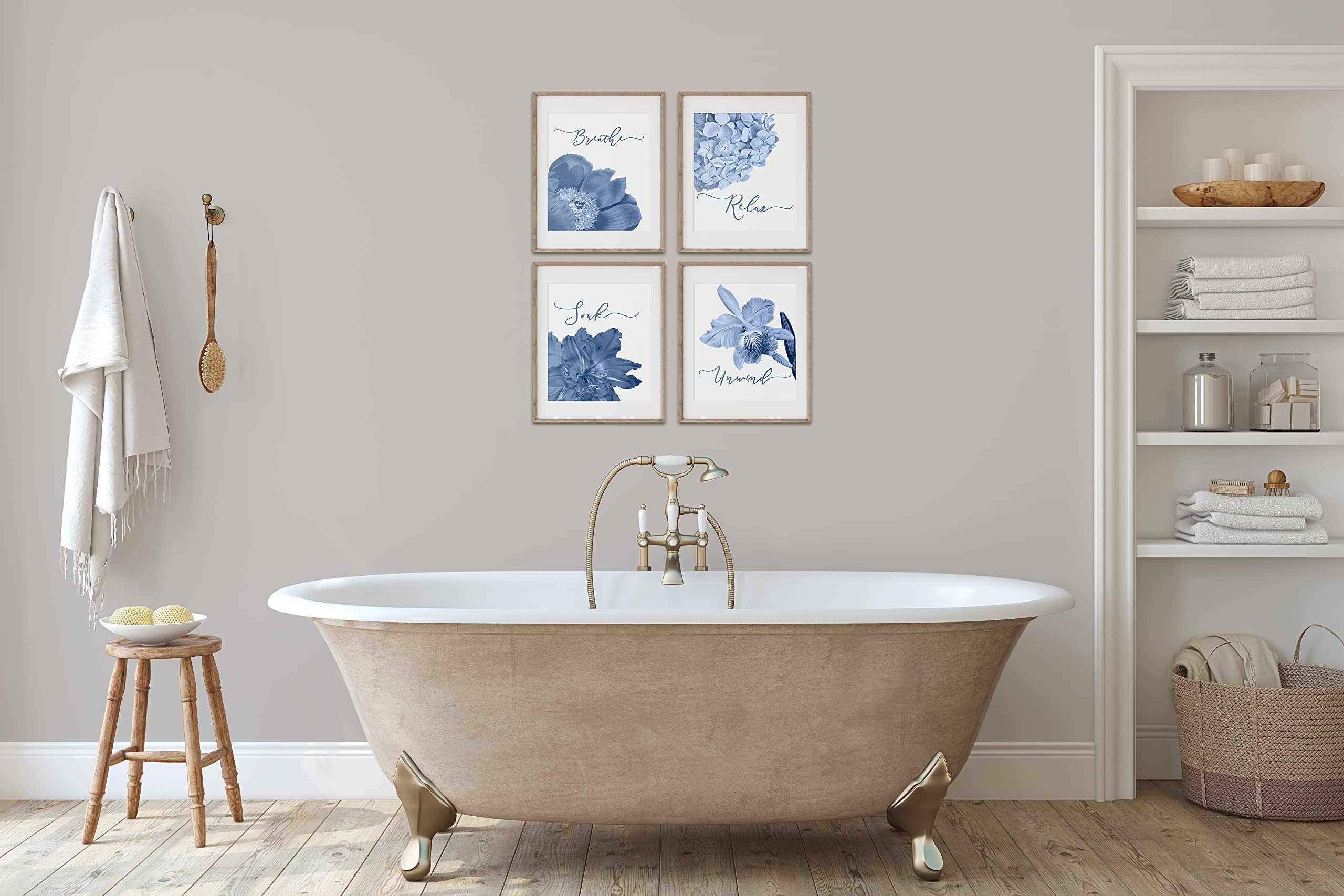 Blue Floral Bathroom Wall Art Set of 4 - 8x10 Unframed Boho Farmhouse Prints for Relaxation | Perfect for Spa Decor, Guest Bathroom, and Home Wellness Spaces (Blue Gray Flowers)