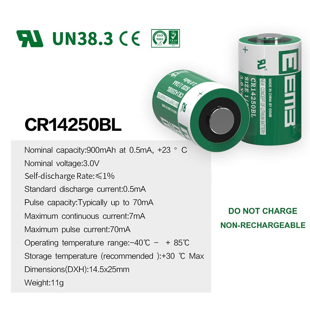 EEMB CR14250BL 3V 900mAh Lithium Battery - Non-Rechargeable 1/2AA Size for Scuba Diving Gear, Laboratory Equipment & Electronics - UL Certified (100 Pack) - Perfect for Underwater Cameras, Medical Devices & Industrial Tools