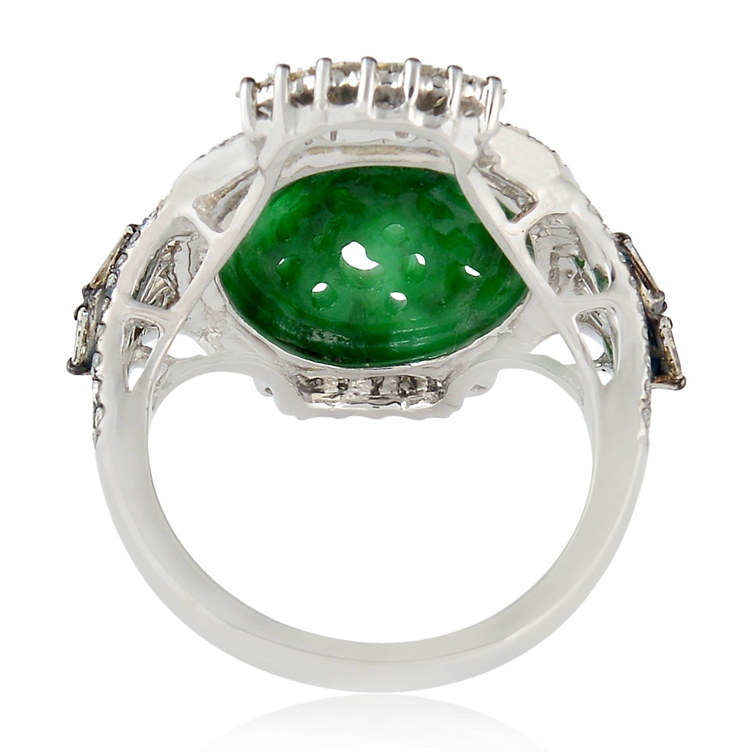 Exquisite 18k White Gold Carved Jade & Baguette Diamond Cocktail Ring | Vintage Inspired Jewelry for Evening Parties, Weddings & Special Occasions