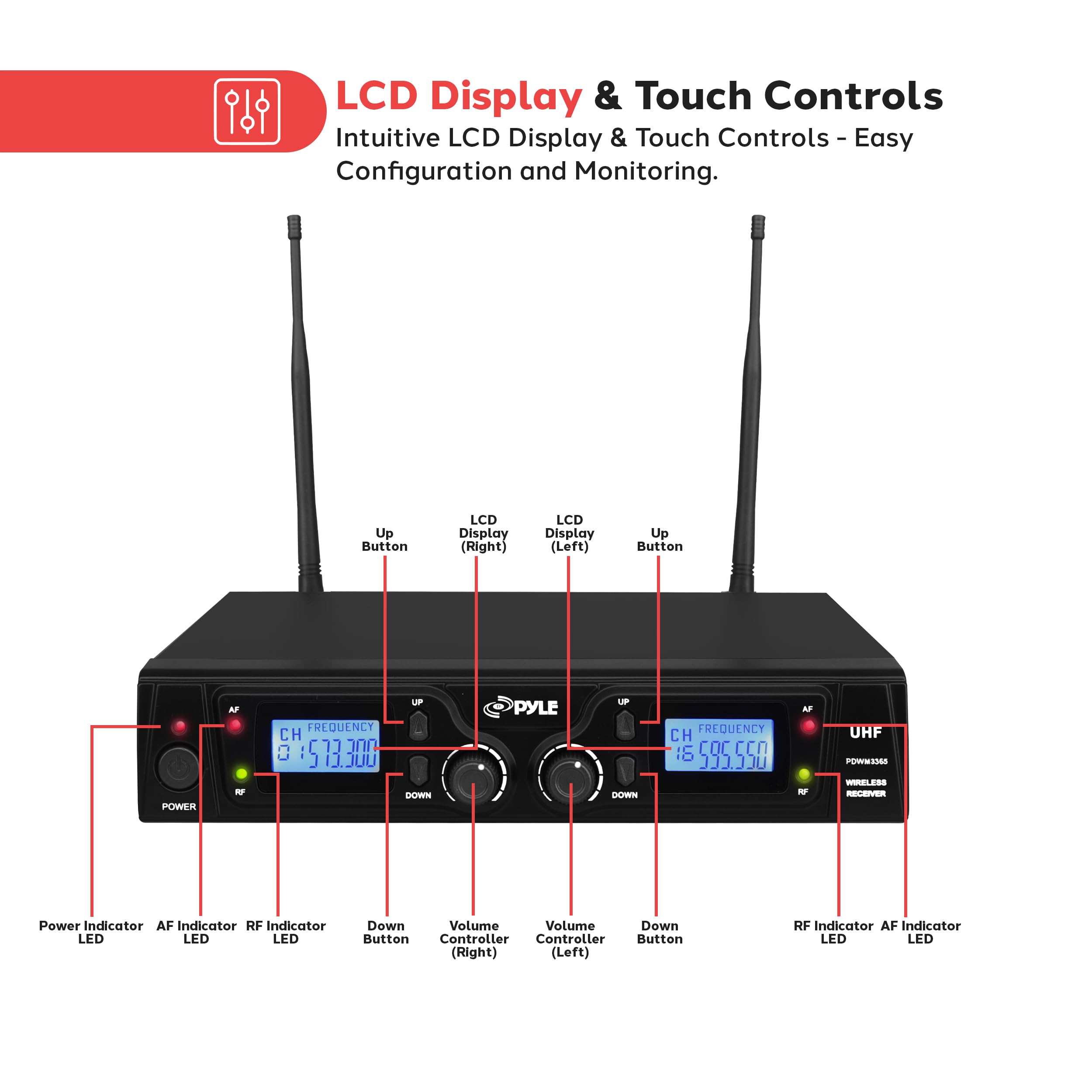 Pyle PDWM3365 UHF Wireless Microphone System - 2 Belt Pack Transmitters & 2 Lavalier Mics with Rack Mount Receiver, 16-Channel LCD Display for Church, Karaoke, Public Speaking & Stage Performances