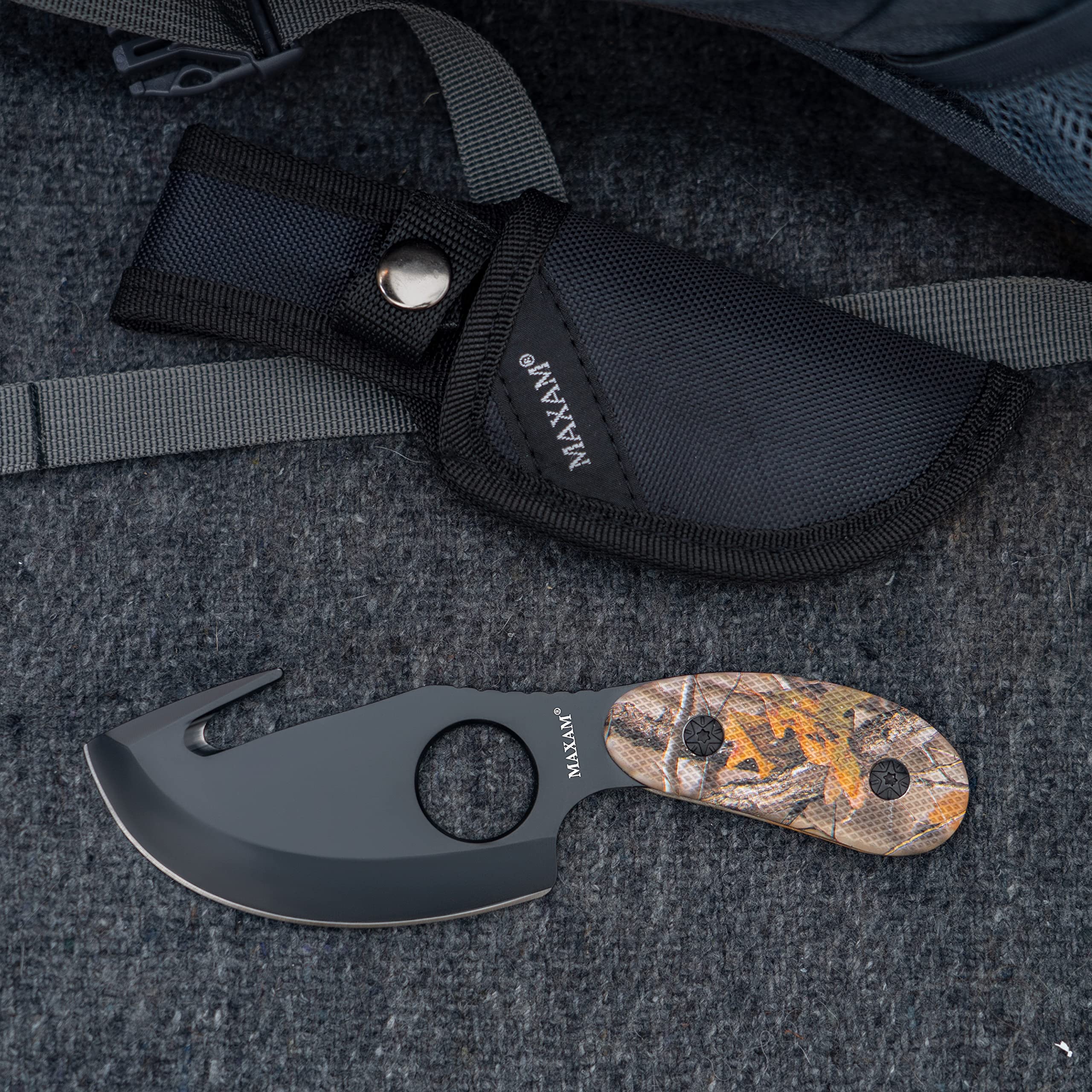 Maxam 7-Inch Fixed Blade Skinning Knife with Gut Hook - Full Tang Hunting Knife in Camo Finish - Includes Durable Nylon Sheath - Ideal for Hunting, Camping & Outdoor Survival