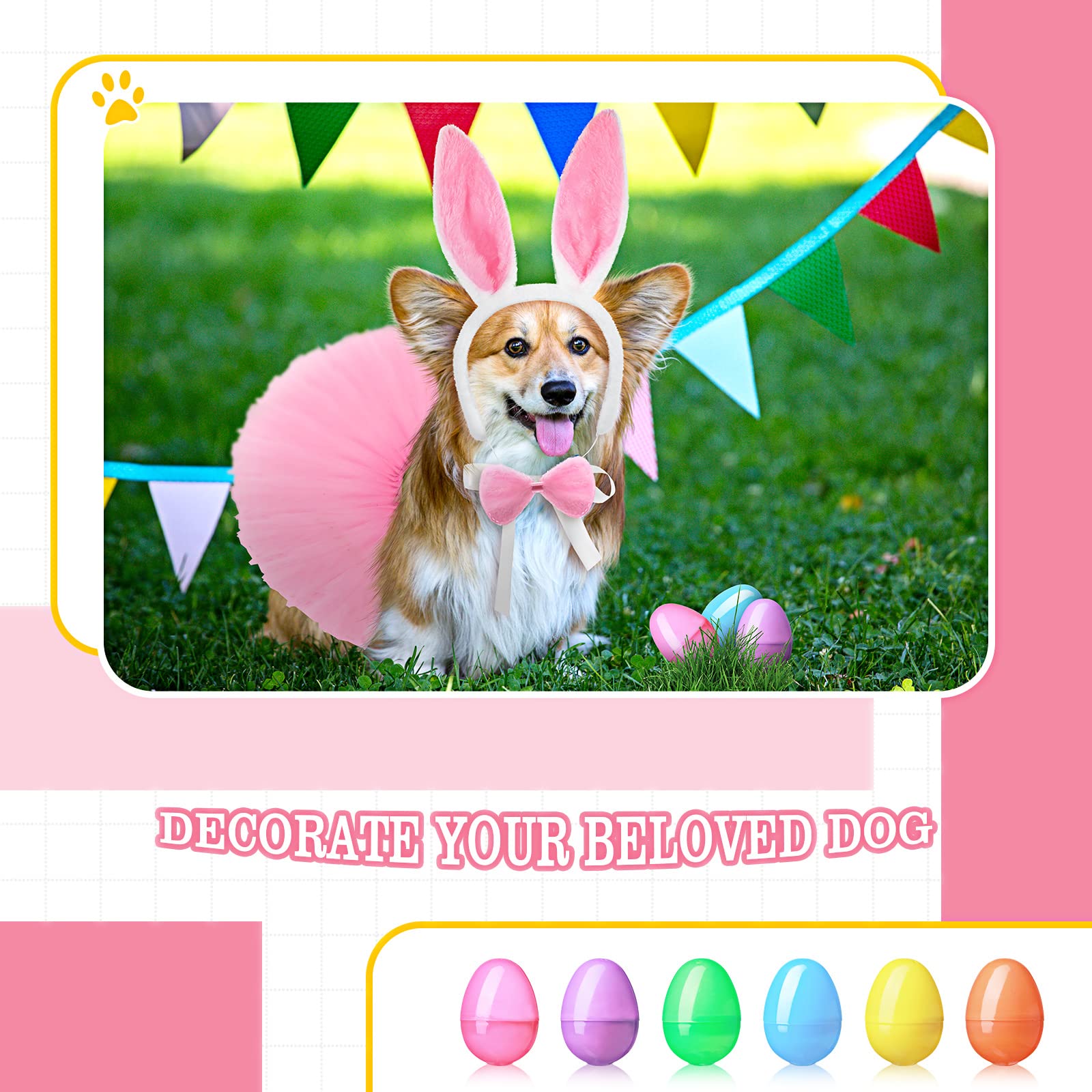10-Piece Dog Bunny Costume Set with Ears, Tail, Bowtie & Tutu - Fillable Plastic Easter Eggs - Handmade Easter Dog Outfit for Easter Hunt Party, Pet Photo Shoots & Holiday Celebrations