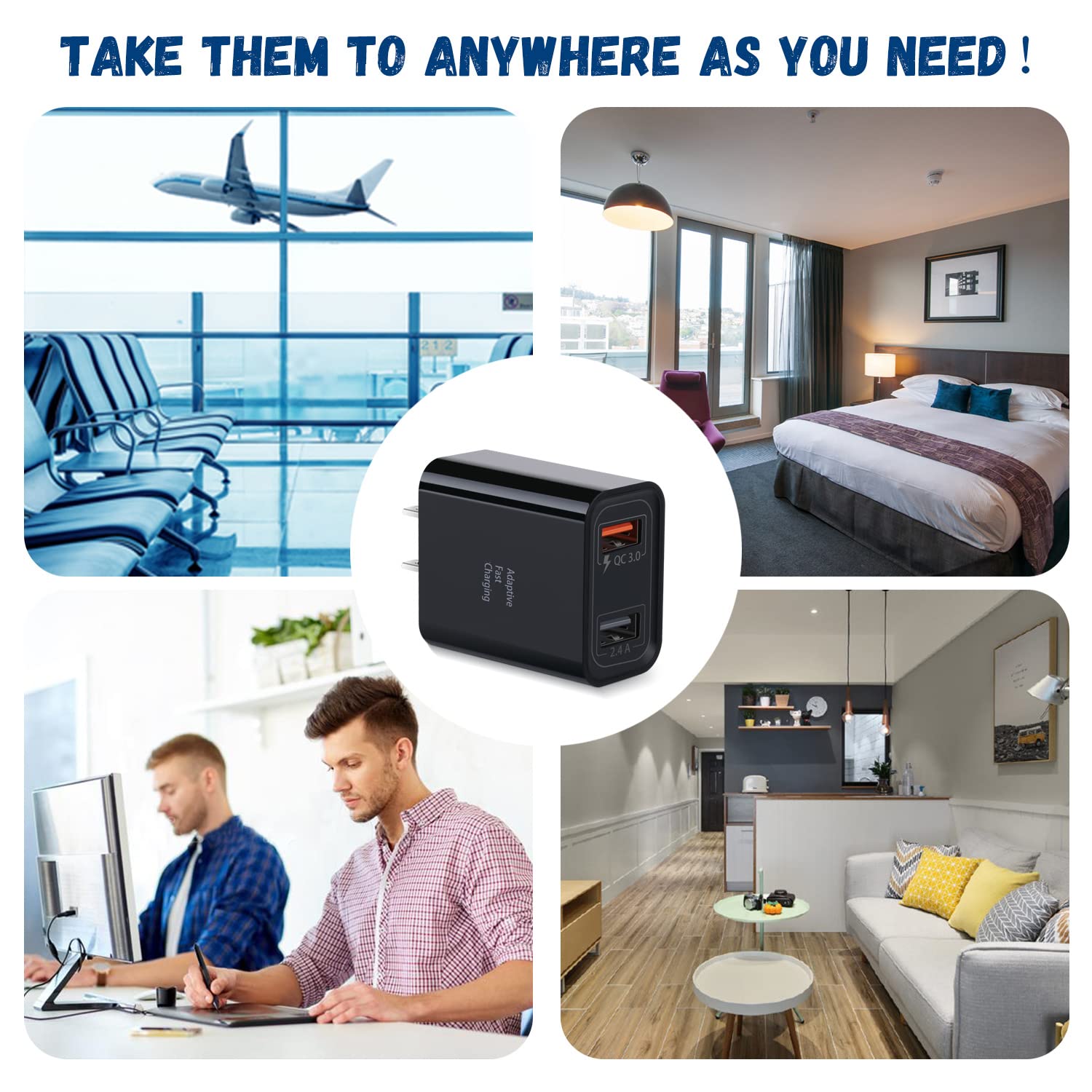 Costyle 3-Pack 30W Dual USB Wall Charger with Adaptive Fast Charging - 2 Ports Quick Charge 3.0 & 5V 2.4A - Compatible with iPhone 11/XS Max, Samsung Galaxy S10/S9/S8, Note 9/10, Pixel (Black) - Perfect for Home, Office & Travel Charging