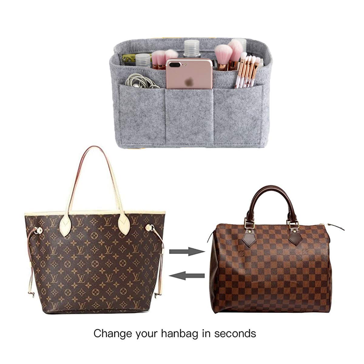 Seven Wolves Grey Purse Organizer Insert - Handbag Makeup Storage Pouch for Tidy & Neat Organization | Perfect for Travel, Work, and Everyday Use