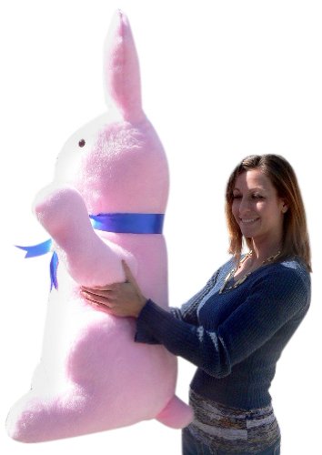 Giant 42-Inch Pink Plush Stuffed Rabbit - Extra Soft Jumbo Stuffed Animal Toy for Kids & Adults - 3.5-Foot Oversized Bunny with Blue Satin Bow - Perfect for Nursery Decor, Birthday Gifts & Cuddling