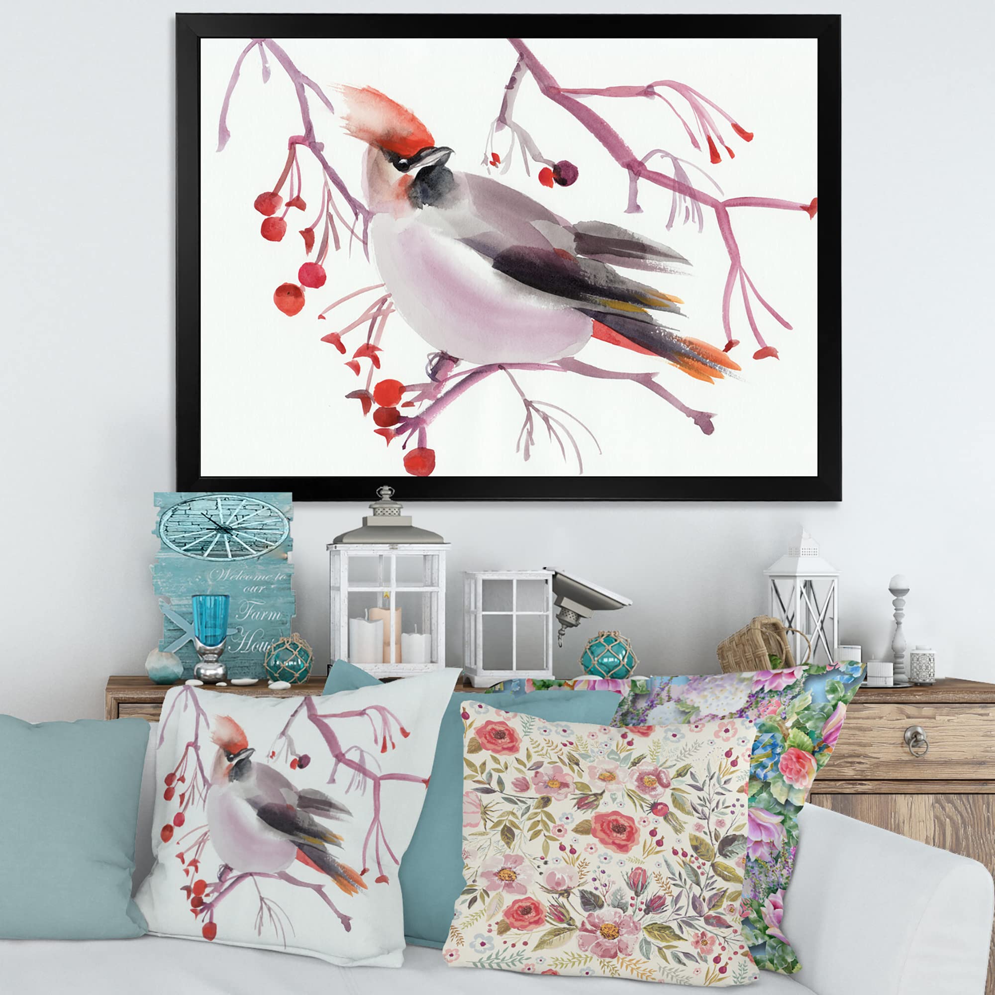 Waxwing Bird on Branch Framed Wall Art - Traditional Nature Home Decor for Living Room, Bedroom & Office