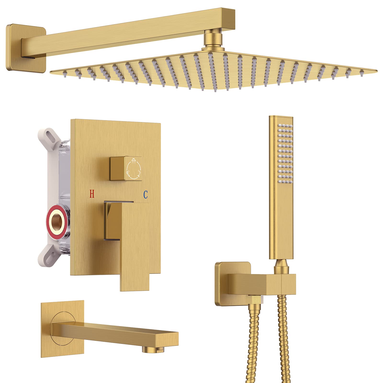 Premium Iriber Champagne Bronze Rain Shower System with Waterfall Tub Spout - 3-Function Brushed Gold Shower Faucet Set Includes 12 Inch Rainfall Shower Head & Handheld Spray - Brushed Brass Shower Trim Kit (Valve Included) - Perfect for Luxury Bathroom Renovations & Spa-Like Shower Experience