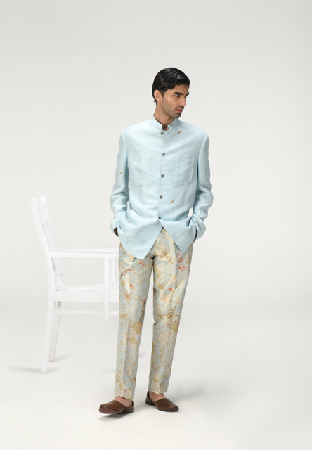 Elegant Bandhgala Suit in Ice Blue Satin Linen for Men | Premium Indian Wedding Attire & Formal Occasions