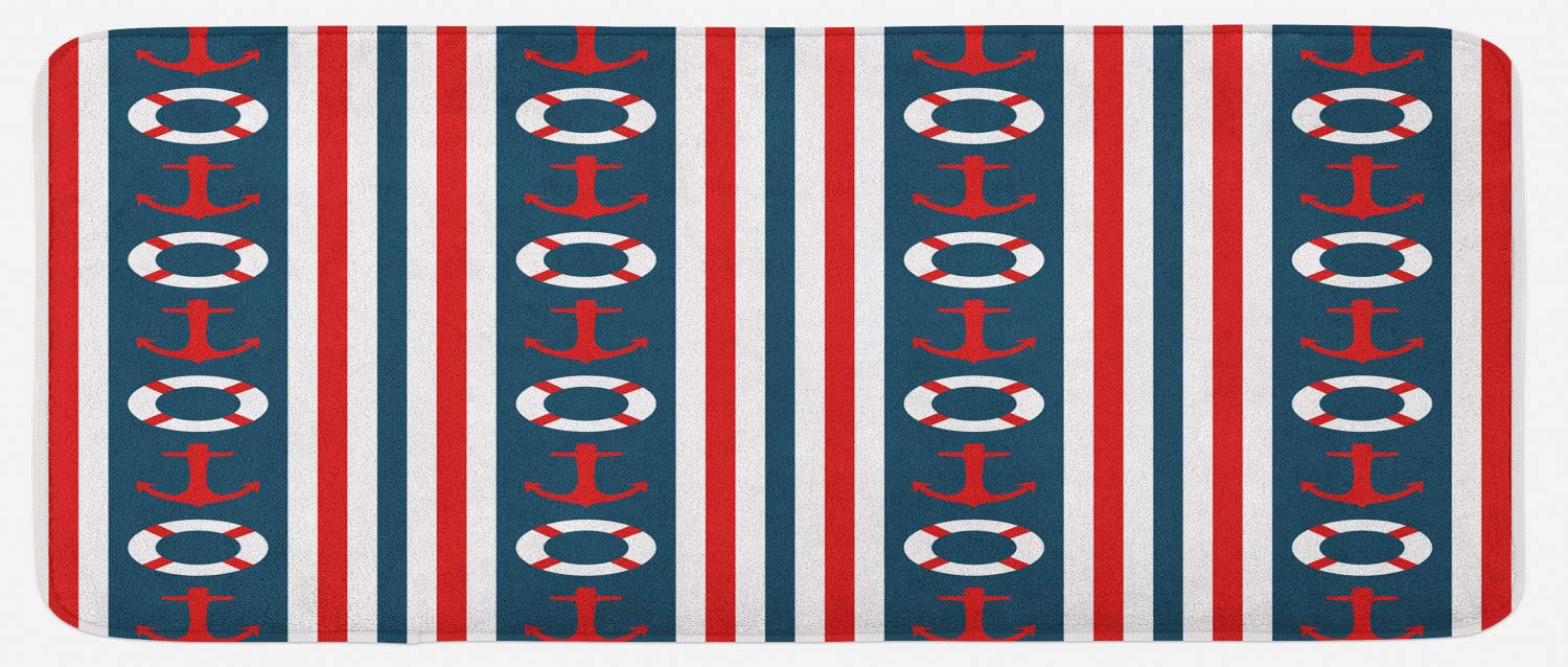 Ambesonne Non-Slip Kitchen Mat - Nautical Stripes with Steering Wheel & Anchor Design, Plush Decor Rug for Sink, Stove & Counter Areas, 47x19 Inches, Indigo Red White - Perfect for Coastal & Maritime Themed Kitchens