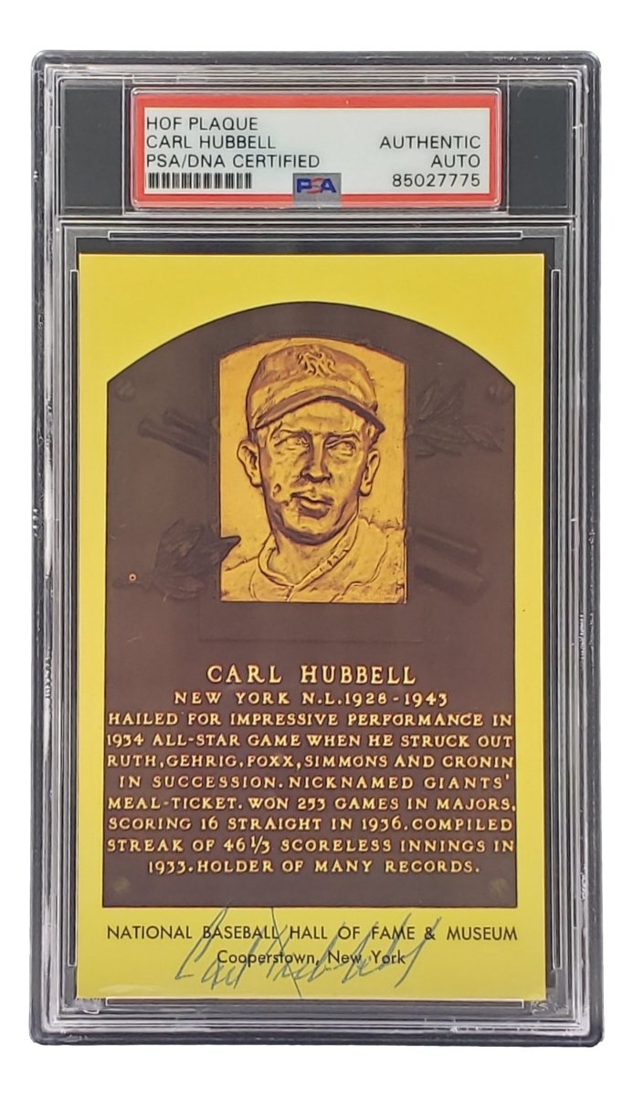 Carl Hubbell Autographed 4x6 New York Giants Hall of Fame Plaque Card - PSA/DNA Certified #85027775 - Perfect for Sports Memorabilia Collectors and Giants Fans