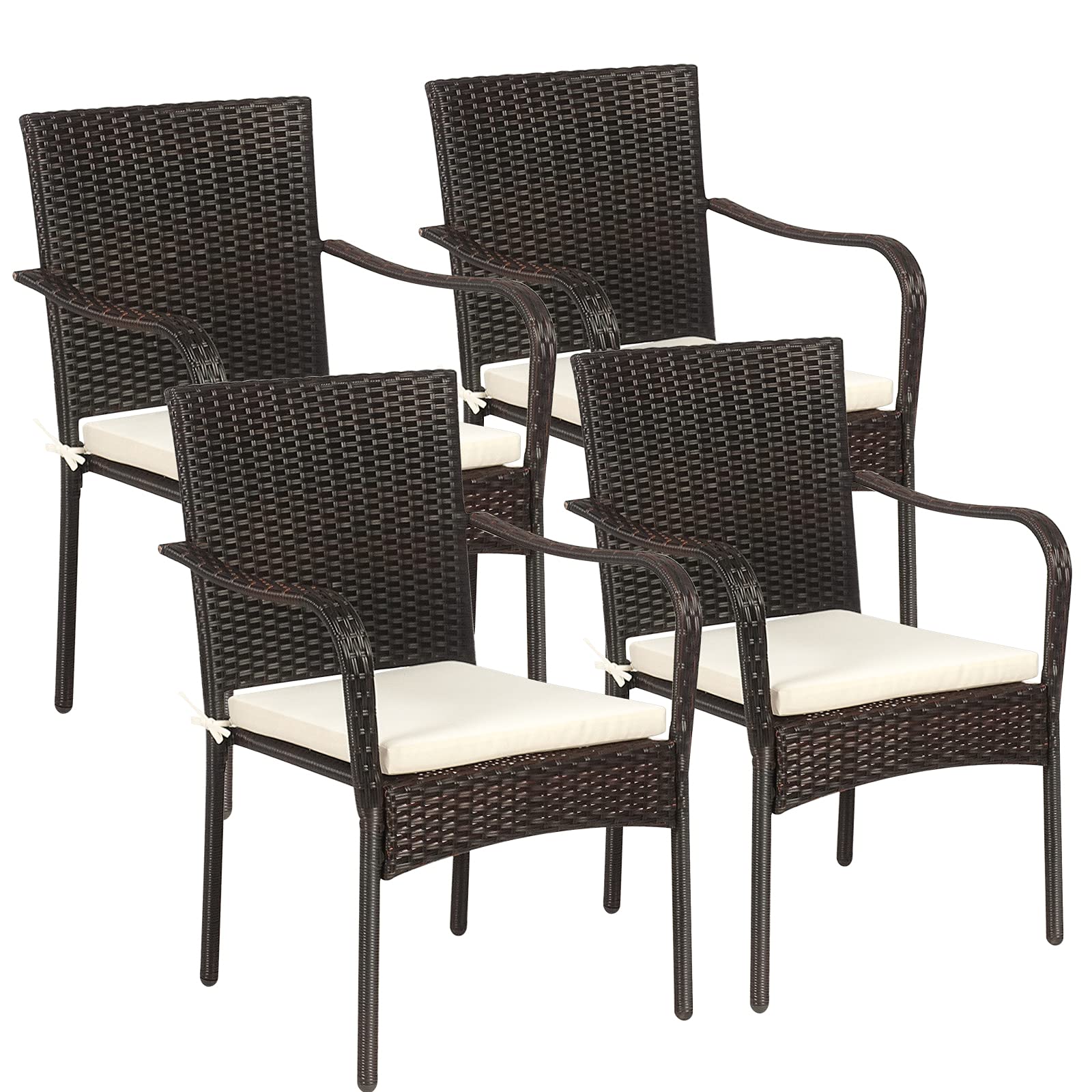 RELAX4LIFE 4-Piece Stackable PE Wicker Patio Dining Chairs Set with Comfortable Cushions & Rust-Proof Steel Frame - Outdoor Conversation Chairs for Porch, Garden, Poolside & Backyard Relaxation | Perfect for Dining, Lounging and Entertaining Guests