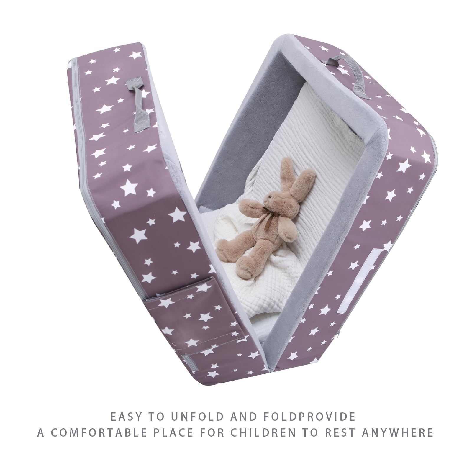Portable Foldable Toddler Travel Bed with Safety Sides - Lightweight Kids Sleeping Cot for Camping & Airplane Travel - Compact Foam Mattress (Rectangle, Star Pattern) - Perfect for Family Trips, Sleepovers & Daycare Use