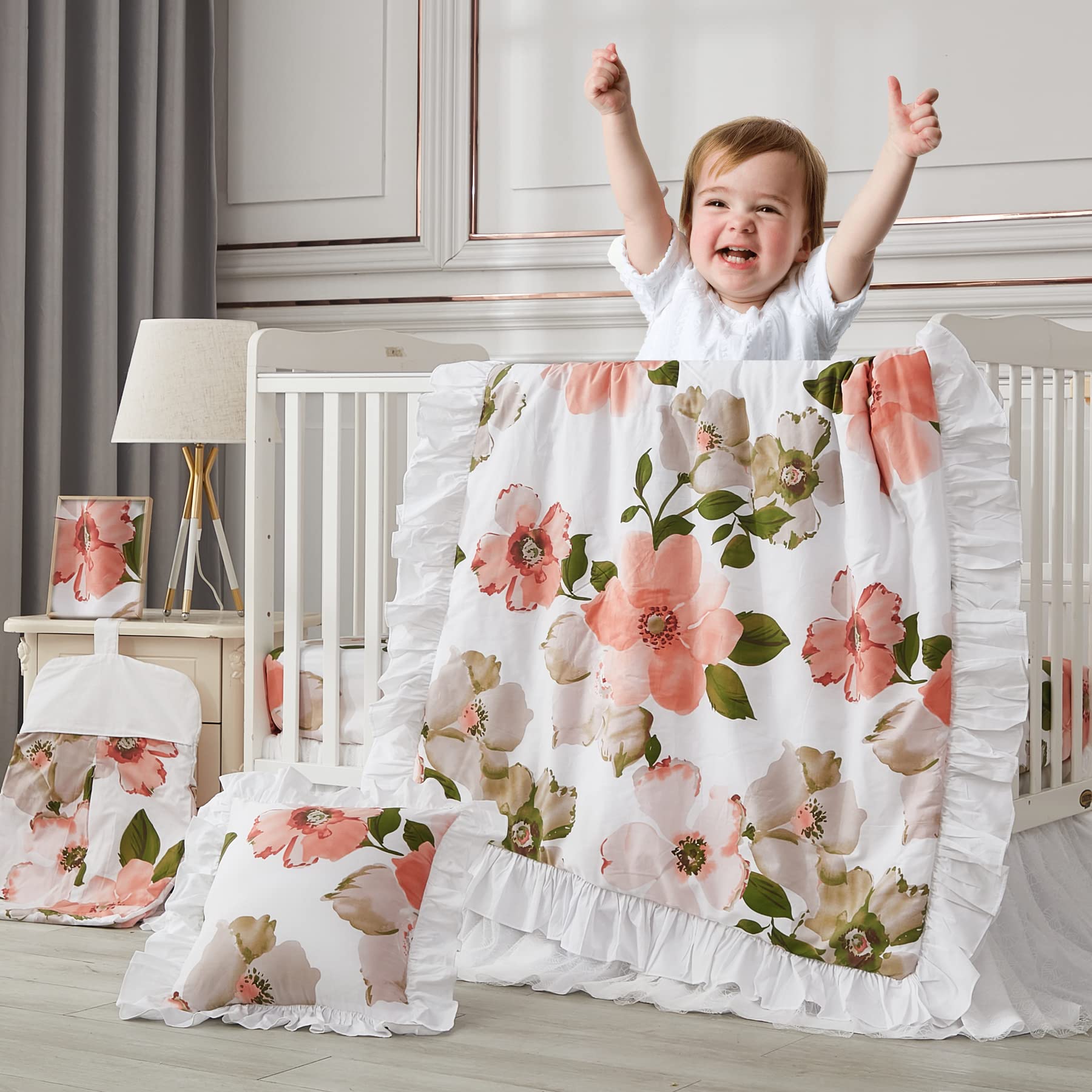 Brandream Sunny Floral Crib Bedding Sets for Girls - 6-Piece Farmhouse Nursery Set with Breathable Cotton Comforter & Sheets in Watercolor Flowers Design (Peach, Yellow, Green, White) - Perfect for Baby Showers, Nursery Decor & Cozy Sleep Time