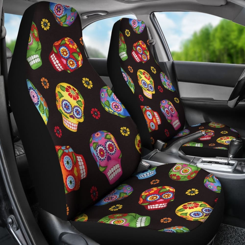 2 Pcs Sugar Skull Car Seat Covers - Universal Fit for Cars, Trucks & SUVs - Durable & Stylish Seat Protectors - Perfect for Halloween, Dia de Los Muertos & Gothic Decor