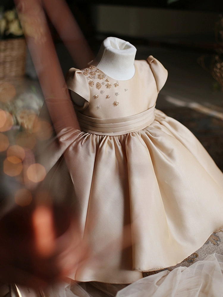 Champagne Princess Round Tea Length Satin Flower Girl Dress for Weddings, Bridal Showers & Special Occasions