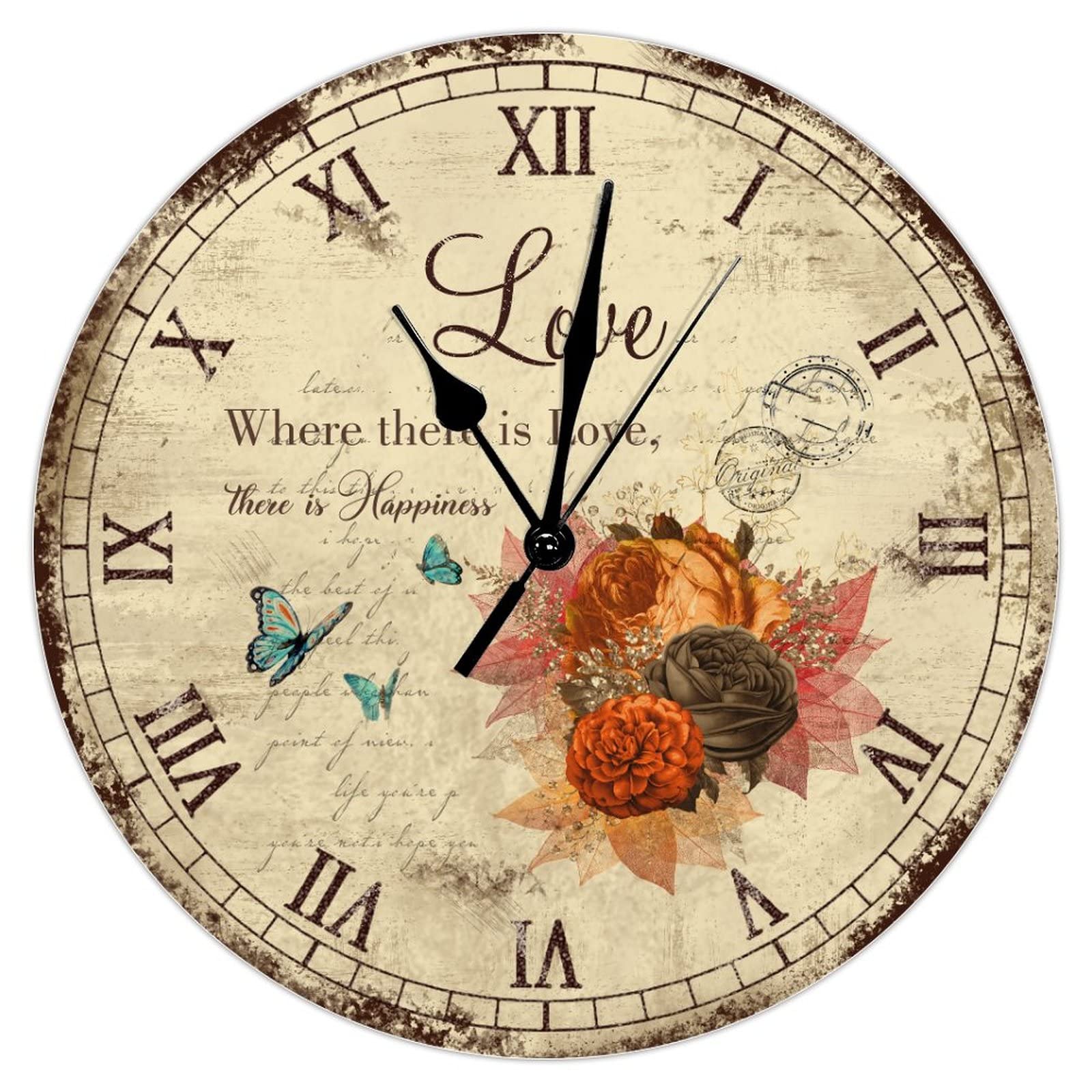 10 Inch Romantic Rose Sing for Love Wooden Wall Clock - Christian Floral Butterfly Design, Battery Operated Silent Non-Ticking - Perfect for Farmhouse, Home, Kitchen, Office, School & Bathroom Decor | Ideal for Wedding Gifts, Bedroom Accents & Living Room Wall Art