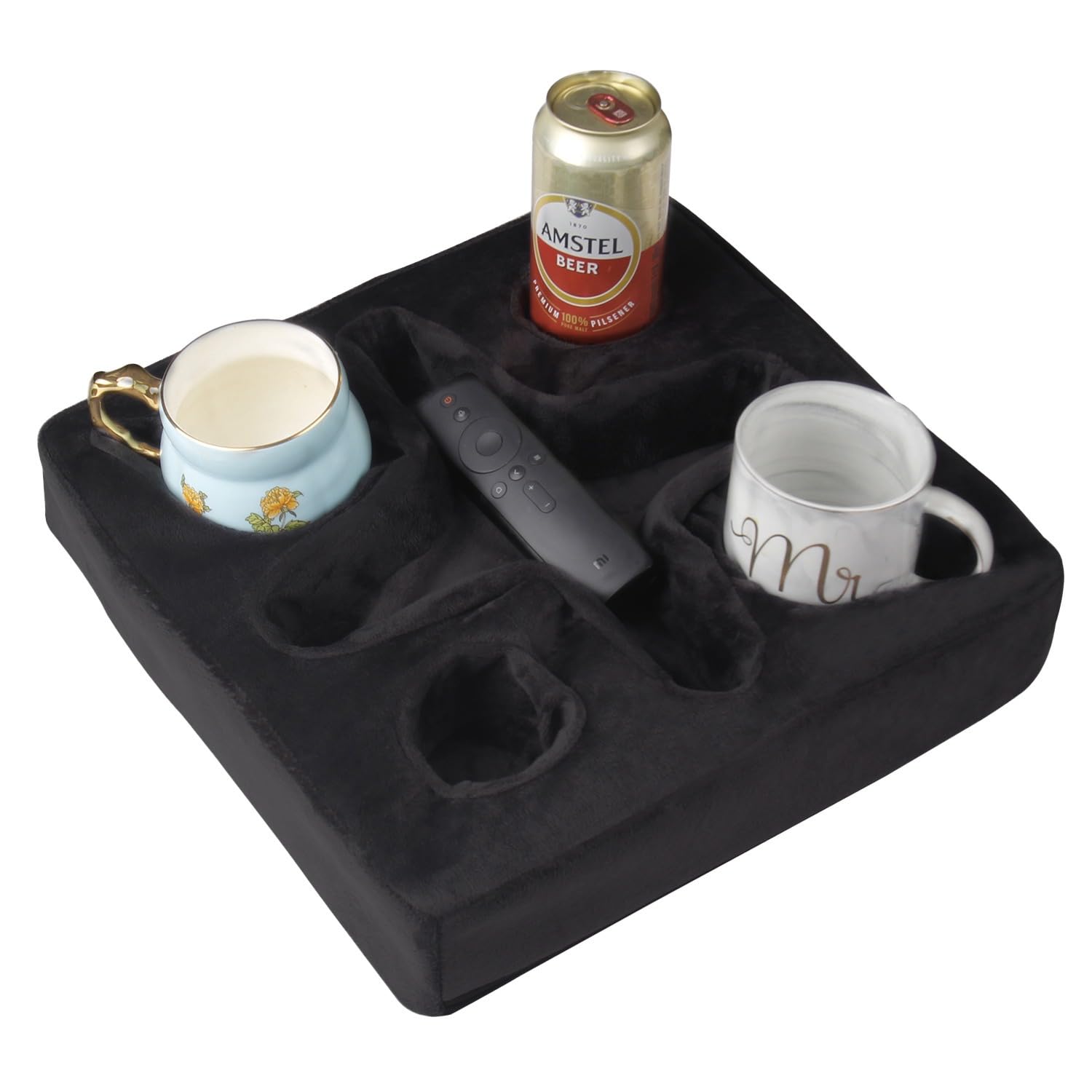Multi-Functional Couch and Bed Cup Holder Pillow - Drink Tray with Snack & Remote Control Storage - Perfect for Movie Nights, Gaming, and Relaxing (Black)