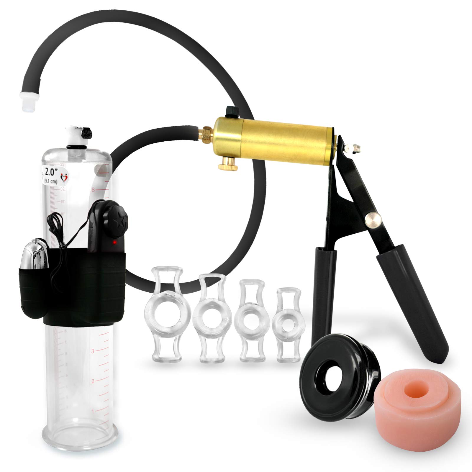 LeLuv Ultima Vibrating Penis Pump for Men - Black Rubber Grip, Silicone Hose & Sleeve with Donut & Constriction Rings (9