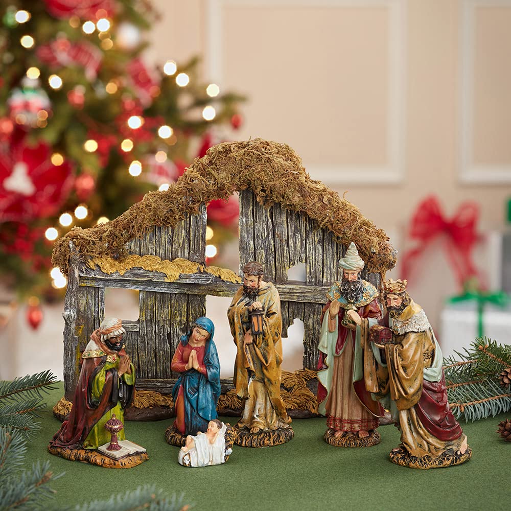 Kurt Adler 6-Inch Resin Nativity Set of 7 Pieces - Christmas Home Decor, Holiday Tabletop Display, Religious Figurines for Mantel & Shelf Decoration