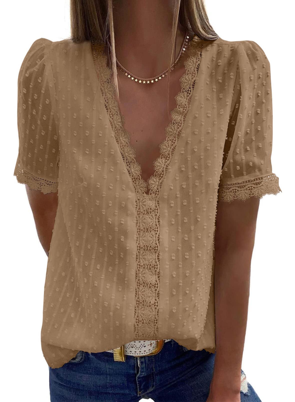 Dokotoo Women's V Neck Lace Crochet Tunic Top - Flowy Casual Blouse Shirt for Summer, Beach, and Boho Chic Outfits