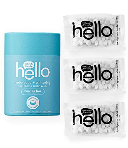 Hello Antiplaque & Teeth Whitening Toothpaste Tablets | Eco-Friendly, Fluoride-Free, Natural Peppermint Flavor | 180 Tablets in 3 Compostable Pouches | Sustainable Oral Care for Travel, Camping & Zero-Waste Lifestyle