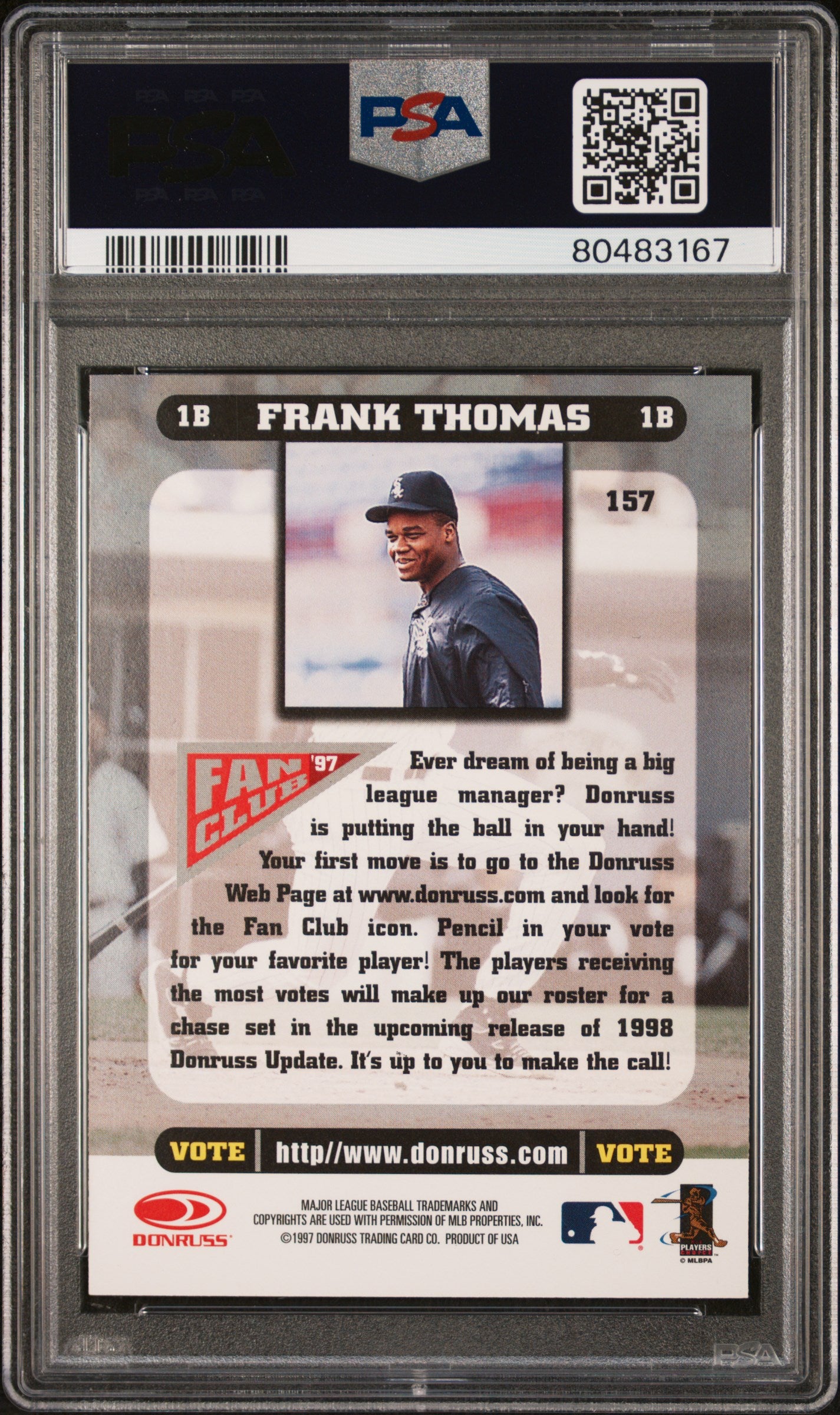 1998 Donruss Frank Thomas #157 PSA 10 Gem Mint Baseball Card - Perfect for Collectors, Investors & Sports Memorabilia Displays