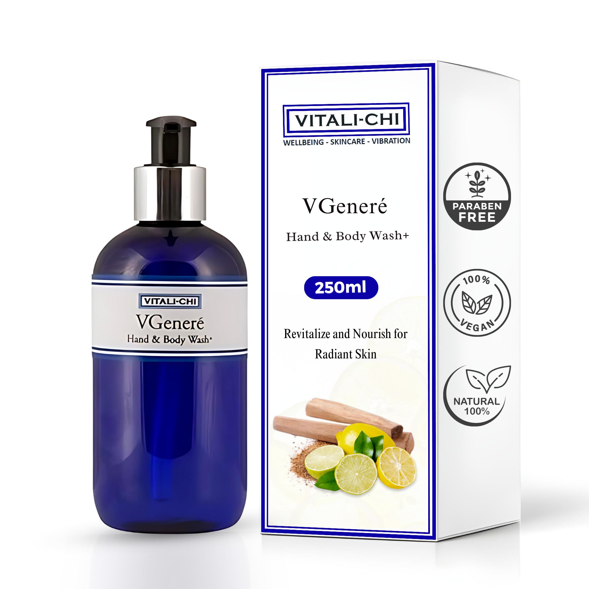 Vitali-Chi VGeneré Antioxidant Hand & Body Wash with Vitamin-Rich Lemon & Sandalwood Amyris Essential Oils - 250ml for Spa, Bathroom & Travel Use