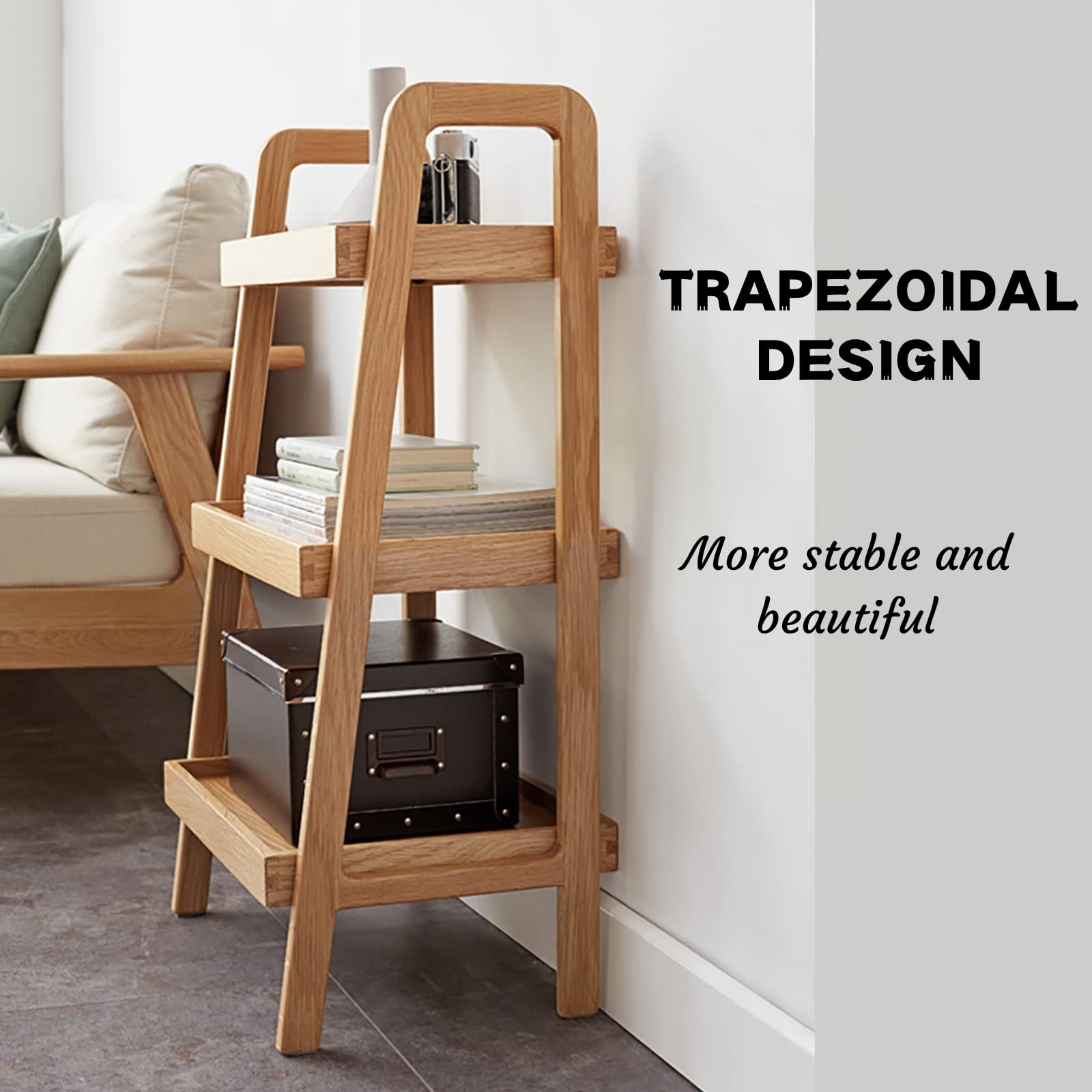 3-Tier Ladder Bookshelf - Solid Oak Wood Bookcase with Open Storage Shelves for Living Room, Bedroom, Kitchen & Bathroom - Perfect as Floor Shelf, End Table or Decorative Display Stand