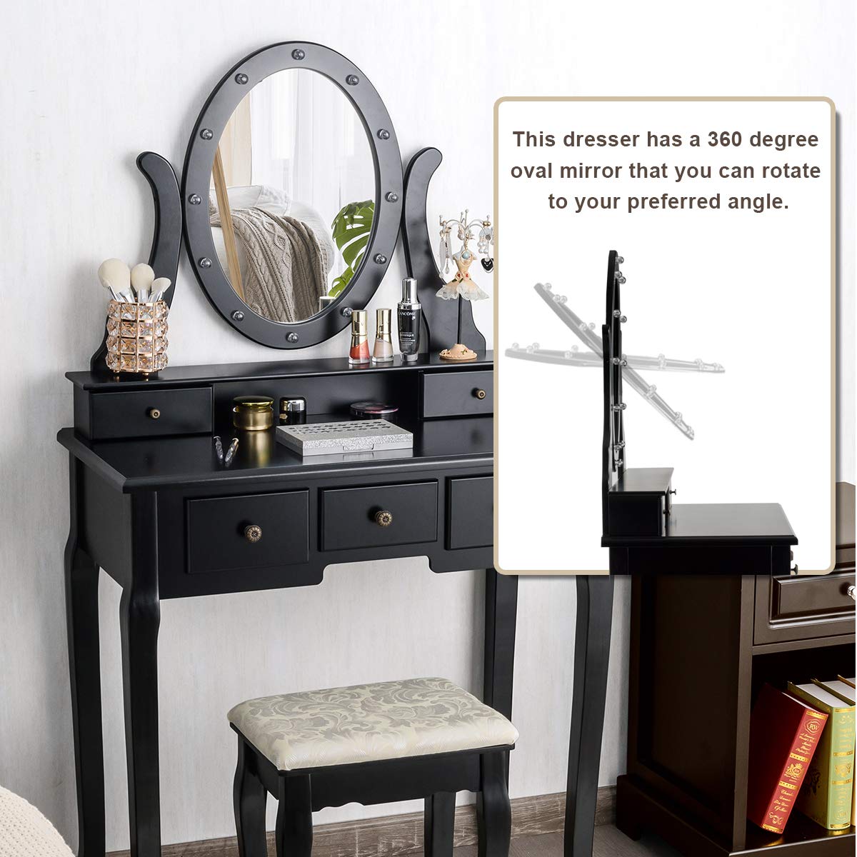 GOFLAME 360° Rotating Oval Makeup Mirror Vanity Set with LED Lights - Dressing Table & Cushioned Stool, 5 Sliding Drawers, Detachable Top - Perfect for Bedroom, Dressing Room, Home Decor (Black) | Ideal for Makeup Application, Skincare Routine & Home Organization