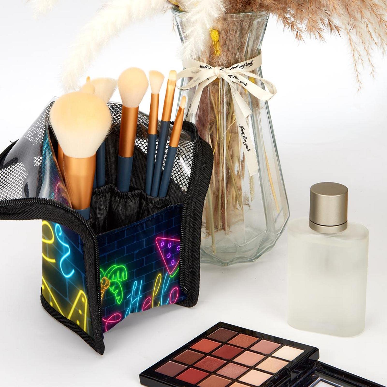 12-Piece Makeup Brush Organizer Bag with Pouch - Portable Travel Cosmetic Brush Holder Case for Professional & Home Use - Perfect for Summer Travel & Daily Makeup Storage