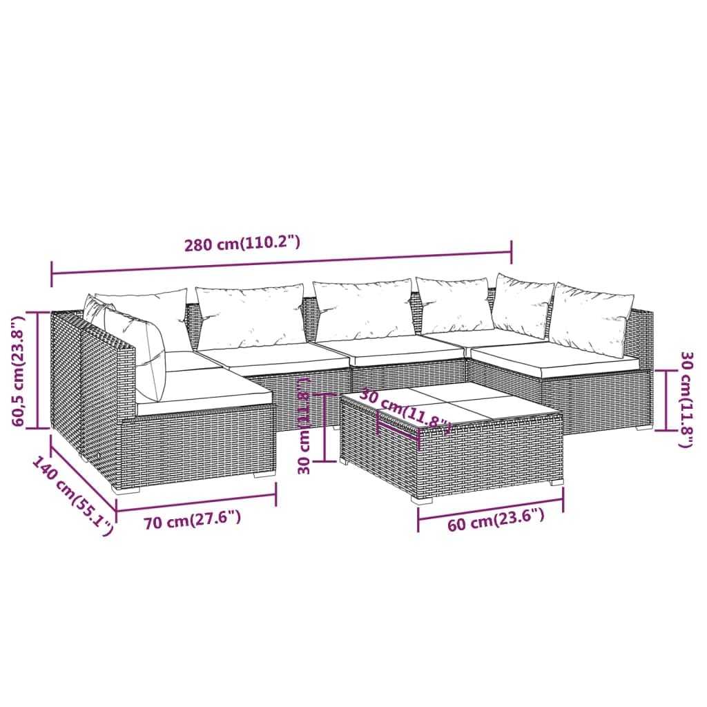 7-Piece Brown Poly Rattan Patio Lounge Set with Green Cushions - Weather-Resistant Outdoor Sectional Sofa - Modular Garden Furniture for Patio, Deck & Backyard Relaxation