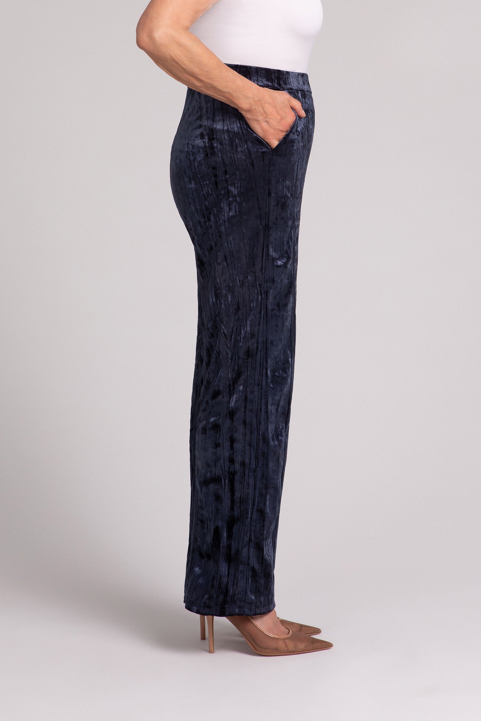 Crinkle Velvet Straight Leg Pants for Women - Soft Stretch Comfortable Trousers in Navy Blue | Perfect for Work, Office, and Casual Outfits