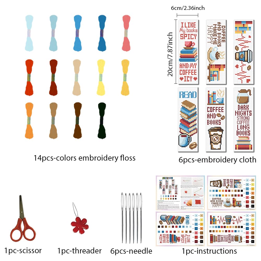 FREEBLOSS 6-Piece Cross Stitch Bookmark Kit - DIY Embroidery Kit with Coffee & Books Patterns, Stamped Design, Instructions - Perfect Gift for Adults (8.67''x3'') - Great for Book Lovers, Coffee Enthusiasts & Handmade Craft Gifts