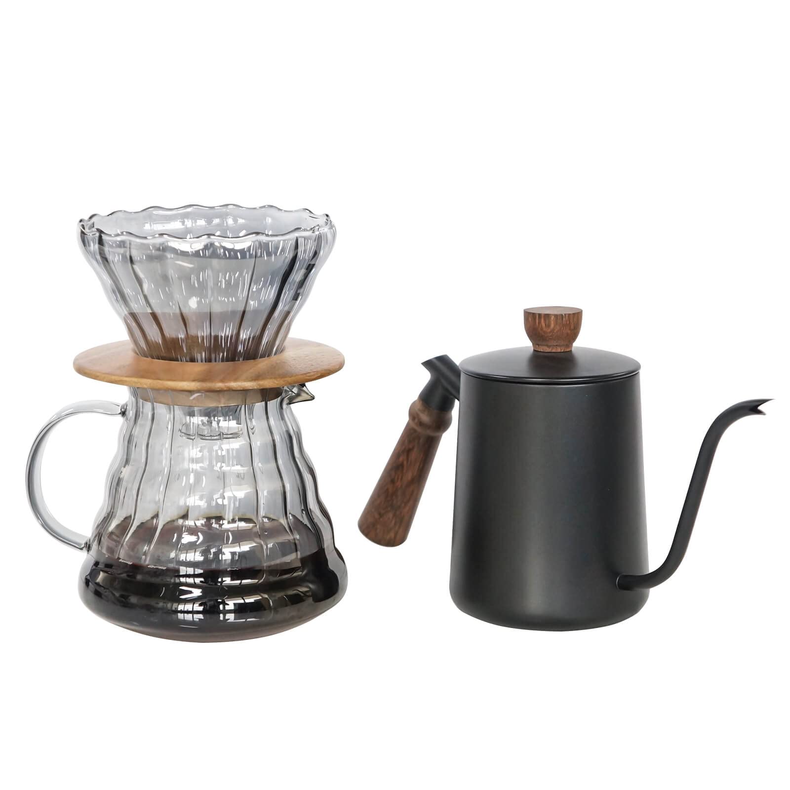 Premium Pour Over Coffee Maker Set - Stainless Steel Gooseneck Kettle, Wooden Stand, Glass Carafe & Reusable Filters - Perfect for Home Brewing, Office Use & Camping Coffee Making