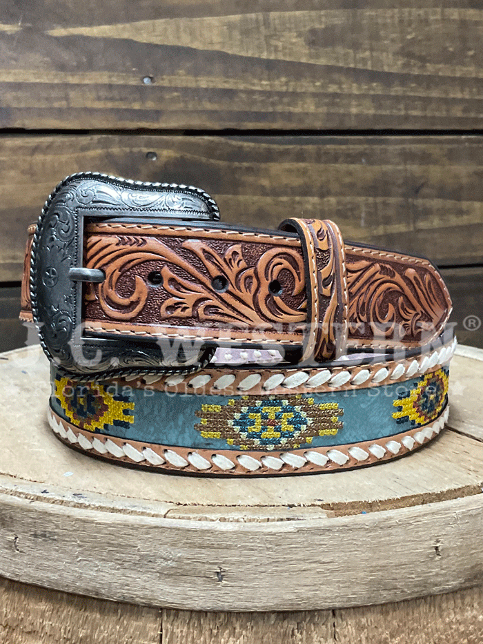 Roper 8681500 Aztec Embroidery Genuine Leather Belt for Men - Tan Brown Western Style Belt - Perfect for Cowboy Boots, Jeans & Western Fashion Outfits