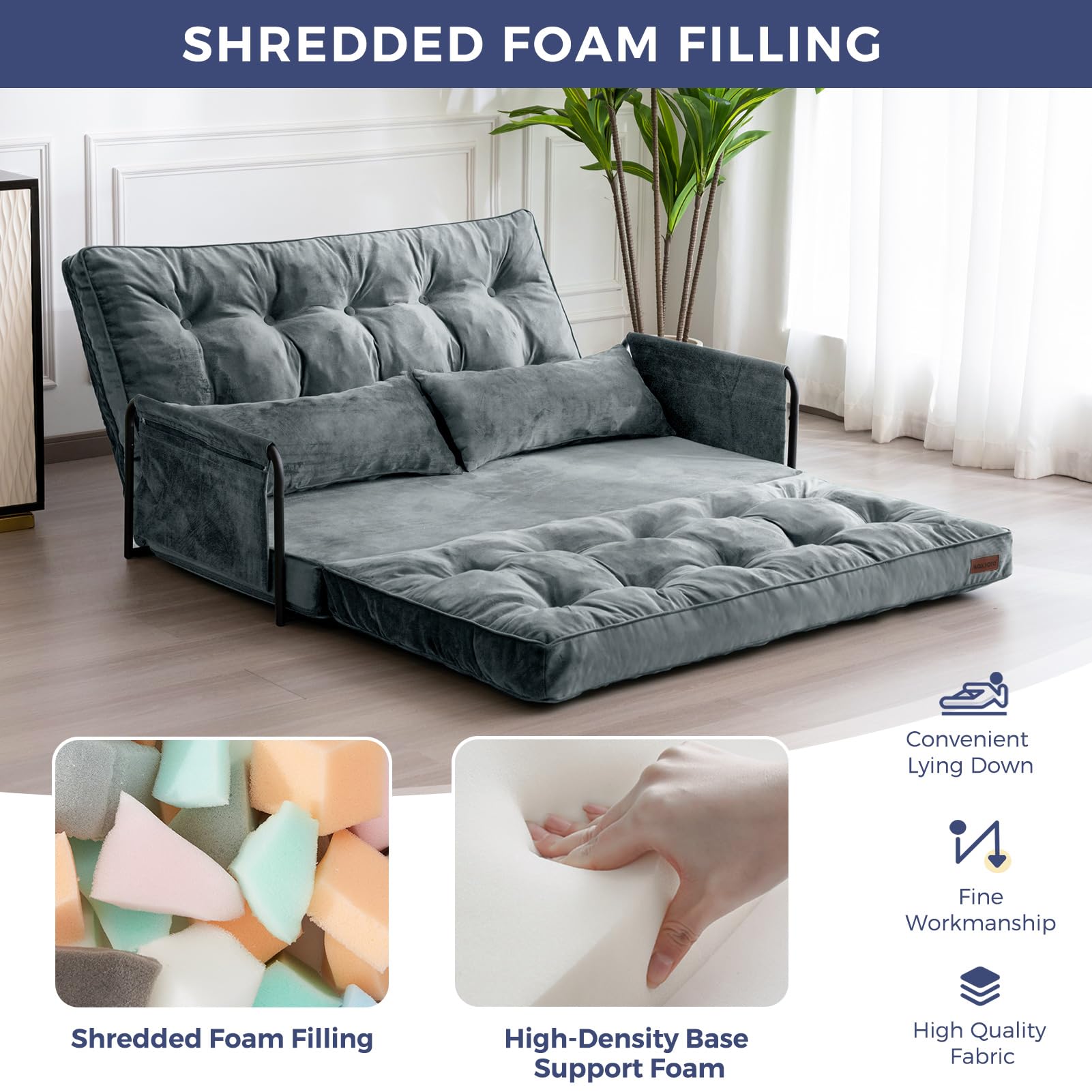 MAXYOYO Adjustable Floor Sofa Couch - Velvet Convertible Lazy Sofa Sleeper Bed with Pillows & Armrest, Double Size in Dark Grey | Perfect for Small Spaces, Living Rooms & Guest Beds