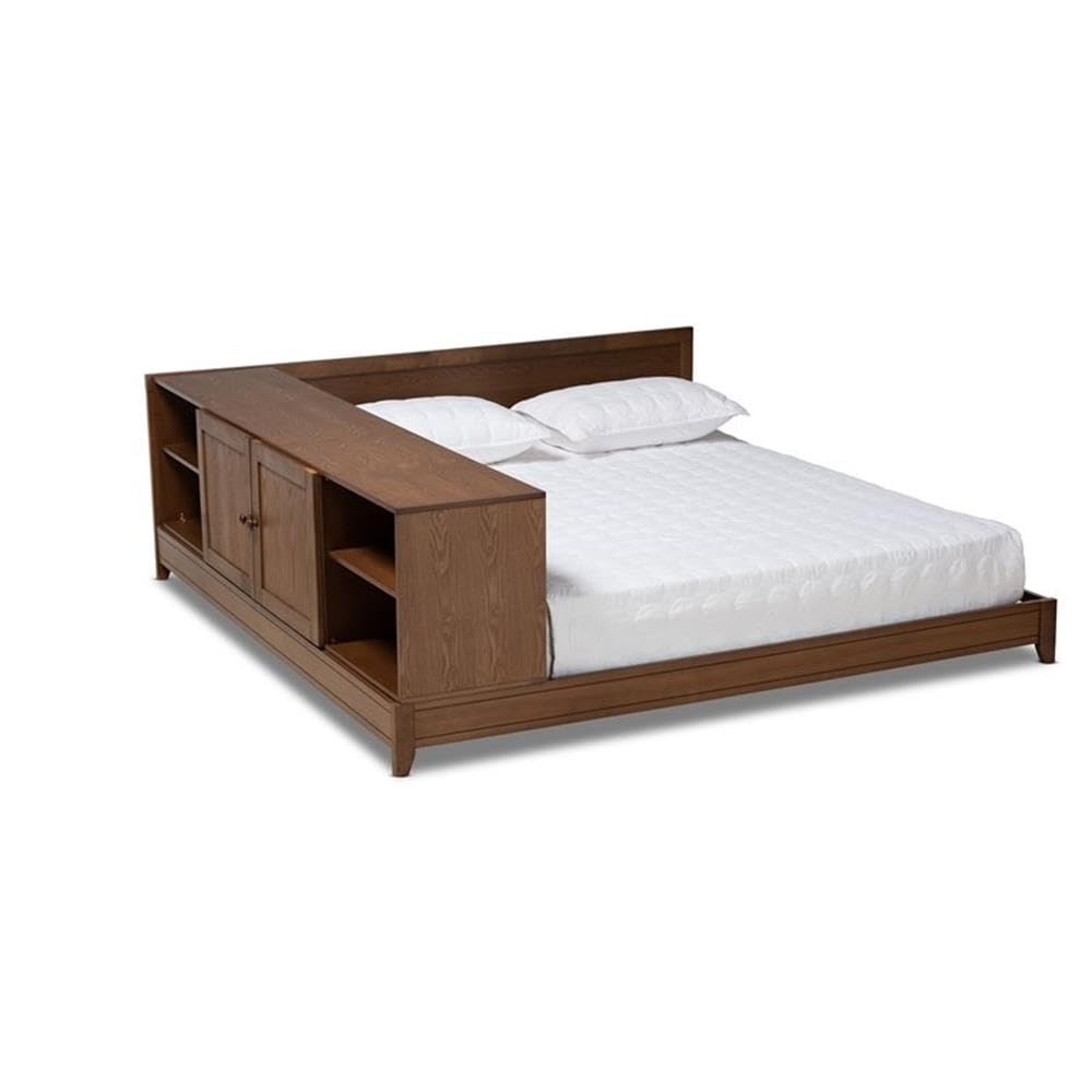BOWERY HILL Queen Size Platform Storage Bed - Solid Walnut Brown Wood Frame with Underbed Storage | Modern Bedroom Furniture for Small Spaces & Guest Rooms