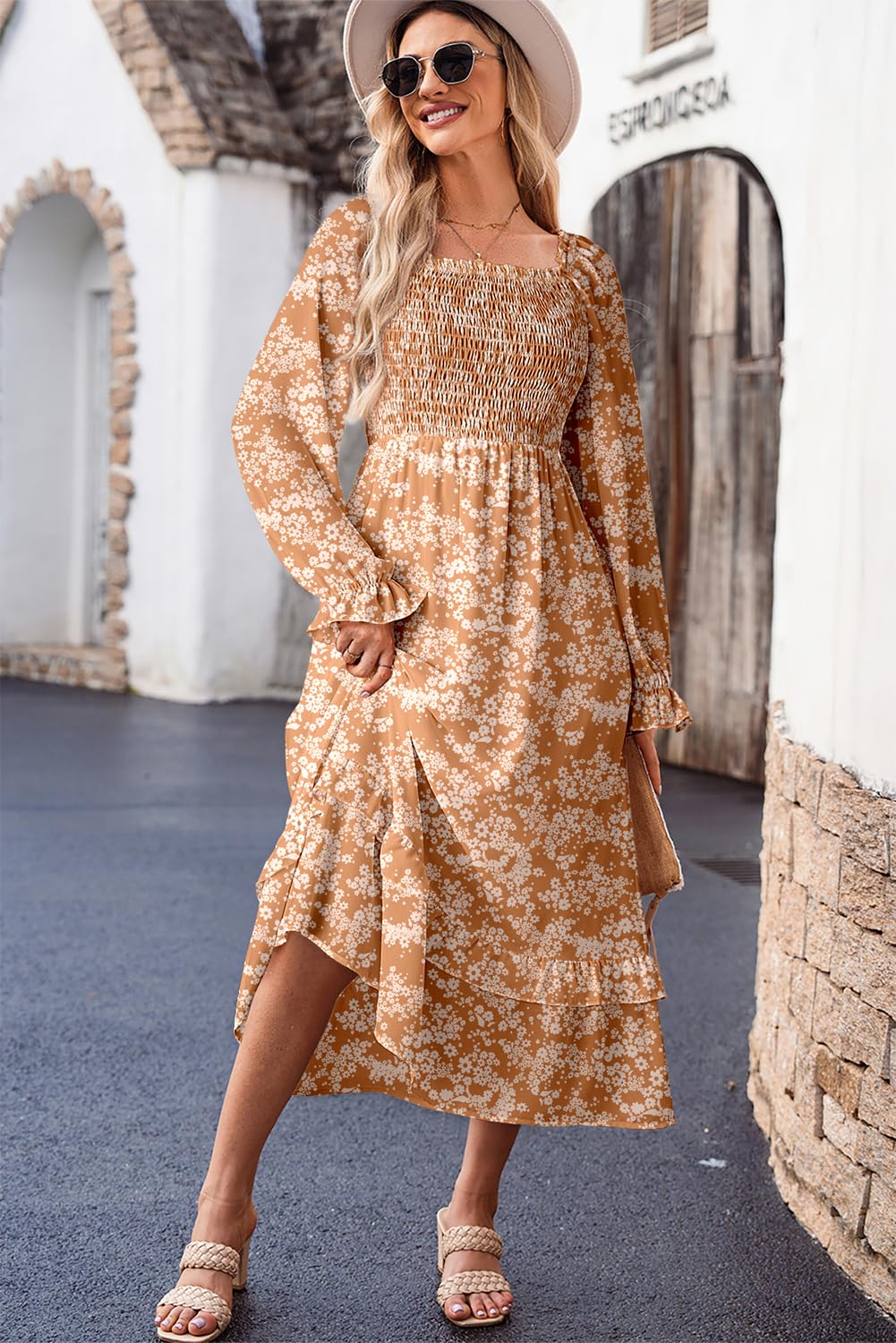 Dokotoo Women's Floral Maxi Dress with Square Neck, Long Sleeves & Smocked Waist - Casual Spring Tiered Ruffle Hem Dress for Outdoor Events, Date Nights & Vacation Wear
