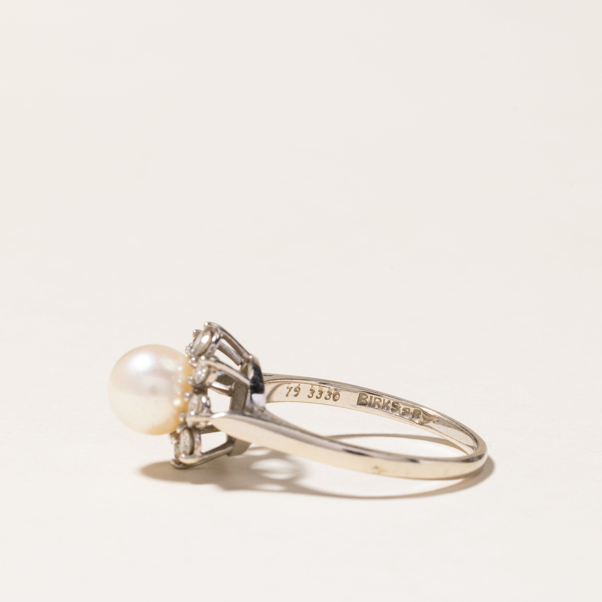 Birks Pearl & Diamond Petal Halo Ring - 6.60mm, 0.24ctw, Size 6 | Elegant Bridal Jewelry, Wedding Band, Anniversary Gift for Her