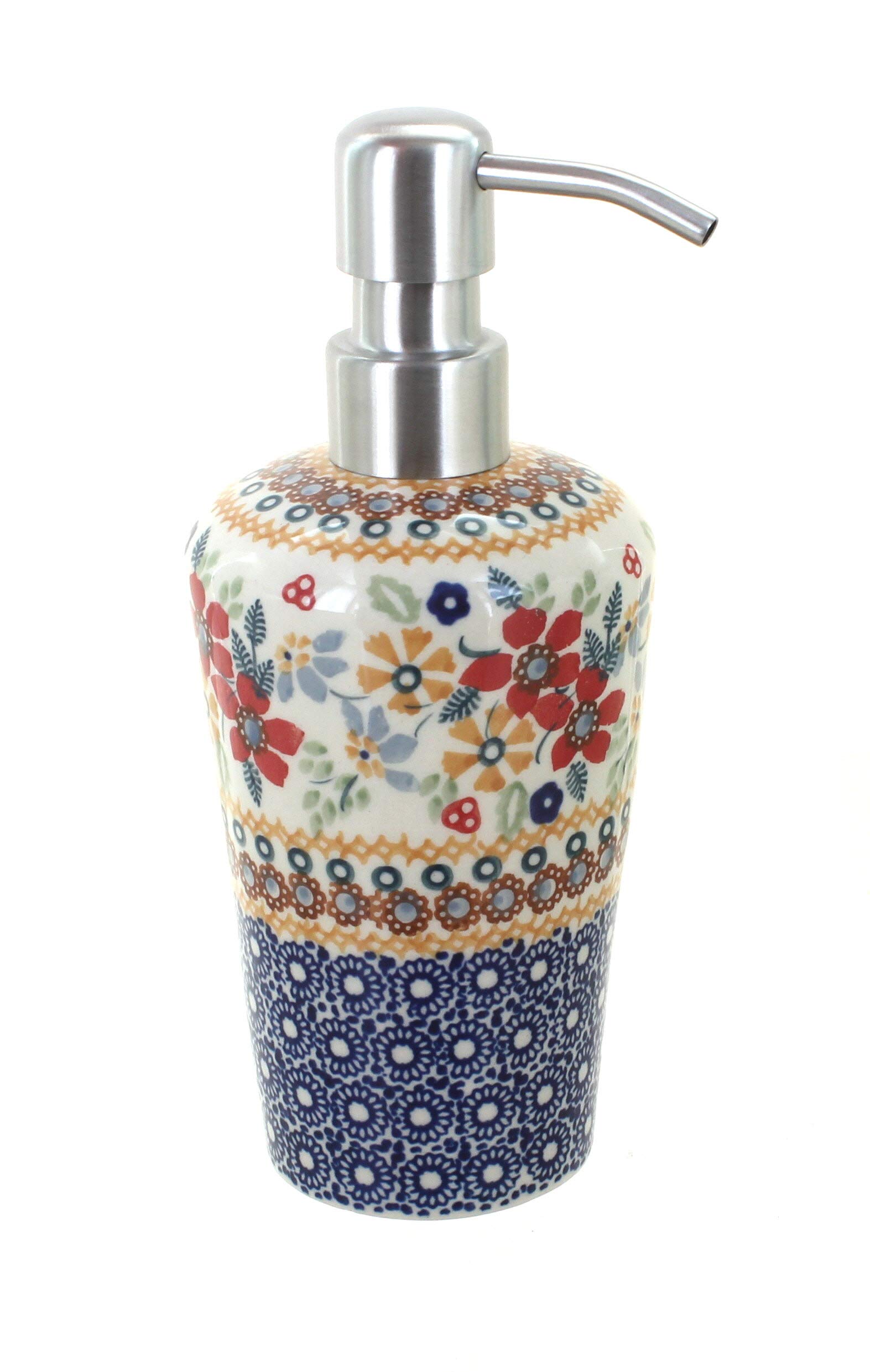Blue Rose Polish Pottery Red Daisy Soap Dispenser - Handmade Ceramic Bathroom Decor for Farmhouse, Vintage, or Rustic Style Homes | Perfect for Kitchen, Bathroom, or Guest Room
