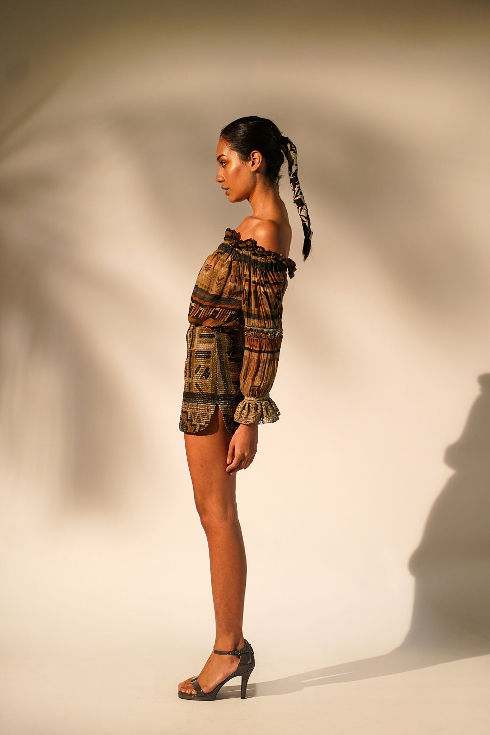 Stylish Green Aztec Print Off Shoulder Top with Hand Thread & Wooden Embellishments - Perfect for Boho Festivals, Beach Vacations & Summer Outfits