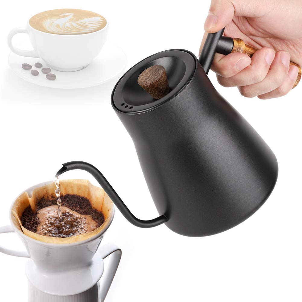 Premium Stainless Steel Coffee Teapot - 850ml Drip Over Kettle with Wooden Handle for Pour Over Coffee & Loose Leaf Tea | Ideal for Home, Office & Cafe Use | No Thermometer Included