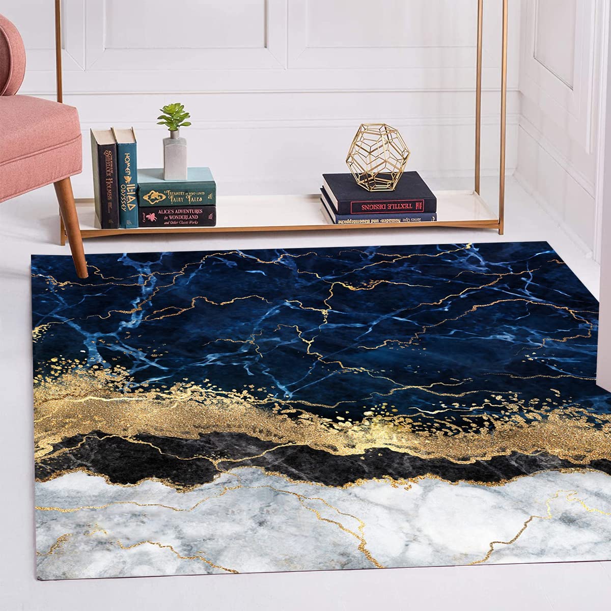 6x6 Navy Gold Square Marble Pattern Modern Abstract Area Rug - Non-Slip Indoor Carpet for Living Room, Bedroom, Kitchen, Dining Room, Home Office, Farmhouse, Laundry & Bathroom | Soft Floor Mat for Home Decor & Comfort