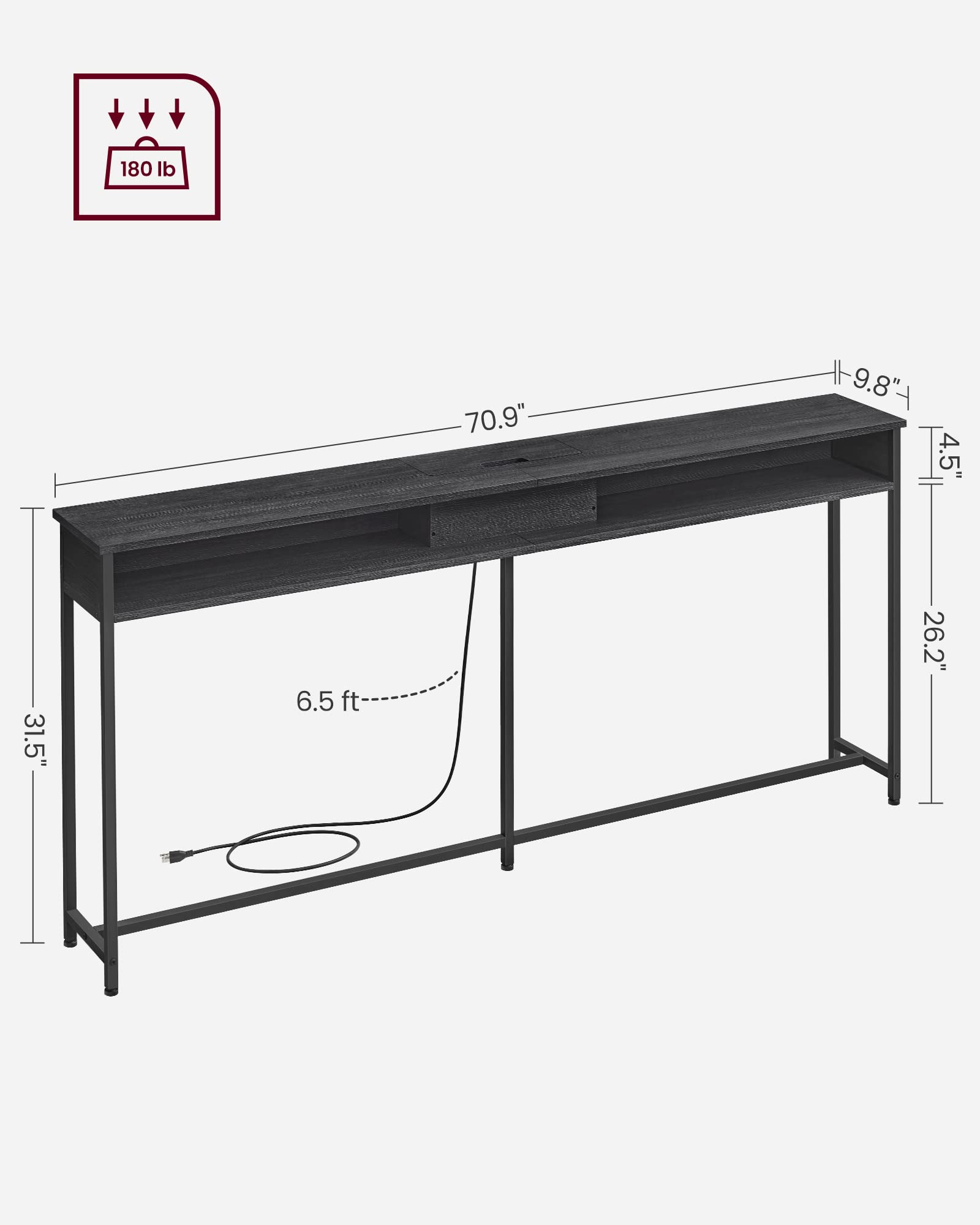 VASAGLE 70.9-Inch Modern Console Table with Built-in USB Outlet & 2 Shelves - Slim Sofa Table with Charging Station, Narrow Entryway Table for Hallway, Living Room - Charcoal Gray & Black ULNT118B22 | Perfect for Small Spaces, Behind Couch, Apartment Decor & Home Office Organization