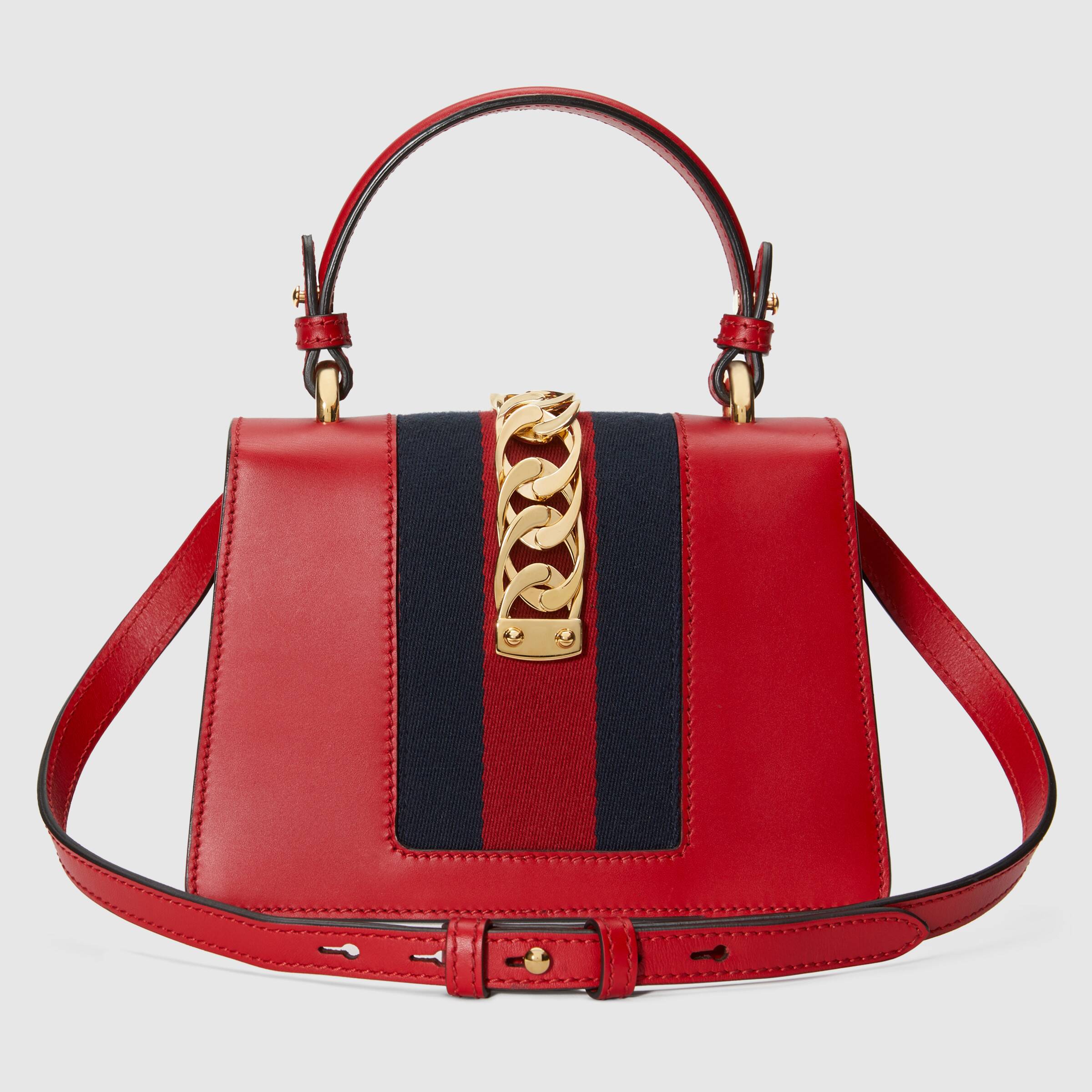 Gucci Sylvie Leather Mini Top Handle Bag in Hibiscus Red - Luxury Crossbody Purse for Women, Perfect for Parties, Dates & Everyday Use